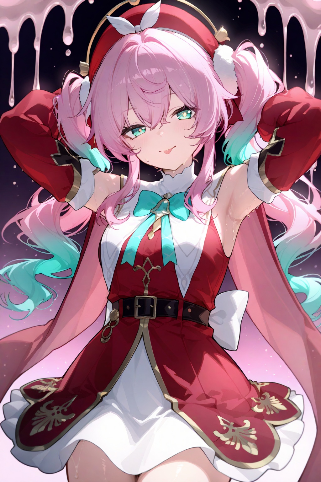 hyacine,anon,crisp,gwwj,melting,Tender,1girl,pink hair,solo,tongue out,tongue,red headwear,detached sleeves,dress,looking at viewer,arms up,hat,long hair,bow,aqua eyes,arms behind head,blush,cowboy shot,smile,long sleeves,:p,multicolored hair,