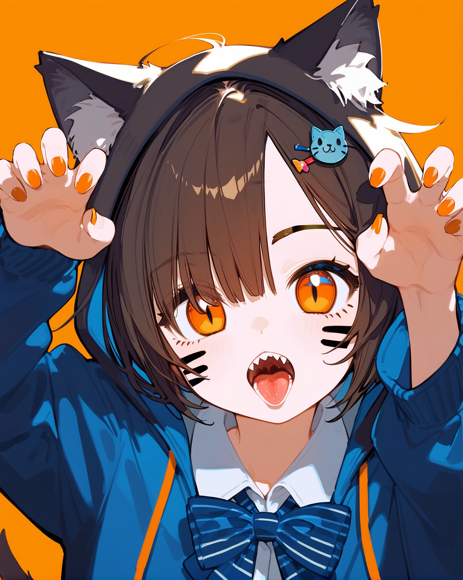 (score_9,score_8_up,score_7_up),masterpiece,best quality,1girl,solo,animal ears,bow,teeth,jacket,tail,open mouth,brown hair,orange background,bowtie,orange nails,simple background,cat ears,orange eyes,blue bow,animal ear fluff,cat tail,looking at viewer,upper body,shirt,school uniform,hood,striped bow,striped,white shirt,black jacket,blue bowtie,fingernails,long sleeves,cat girl,bangs,fangs,collared shirt,striped bowtie,short hair,tongue,hoodie,sharp teeth,facial mark,claw pose,hooded jacket,blue hoodie,yellow background,hair ornament,paw ornament,tail raised,dress shirt,hairpin,slit pupils,hair over one eye,arm behind back,striped clothes,whisker markings,hand up,
