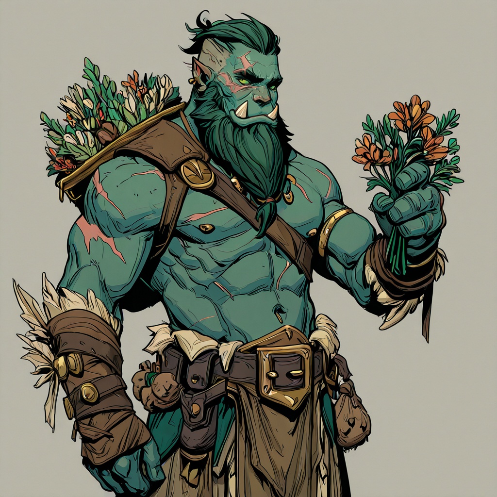 D&D Painterly,  The image shows a man with a green face and a beard holding a bunch of flowers in his hand. He is wearing...