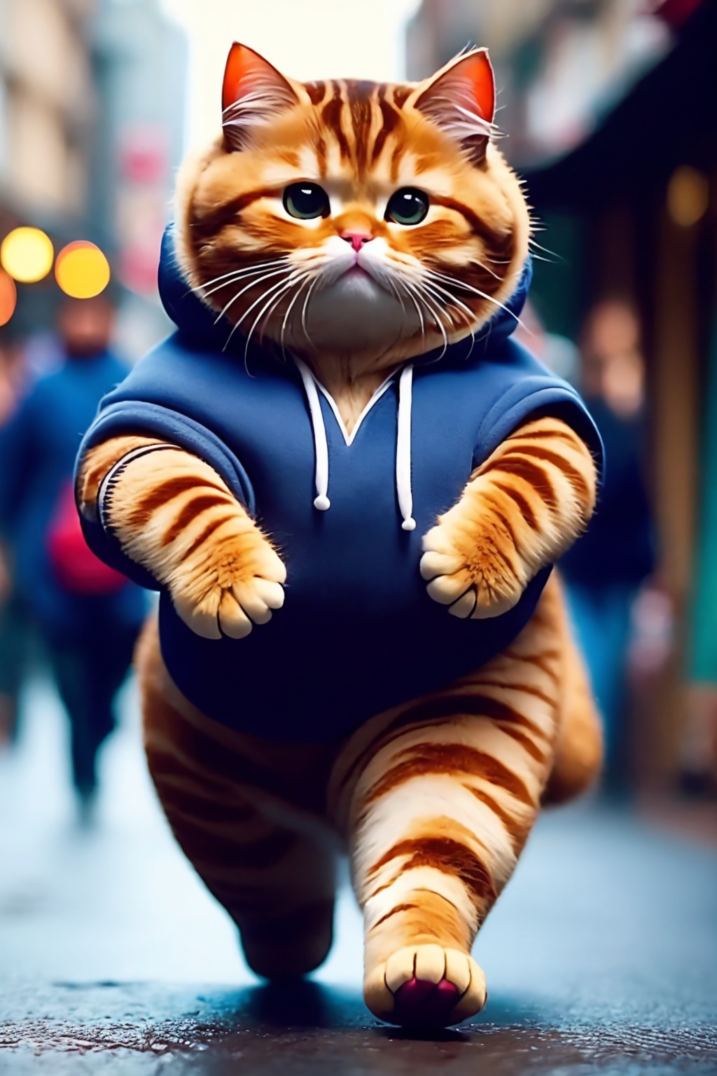 no humans, animal focus, hood, blurry, outdoors, animal, cat, solo, hoodie, walking, realistic, whiskers, blurry background, photo background,<lora:Again_Cat_Lora:1>