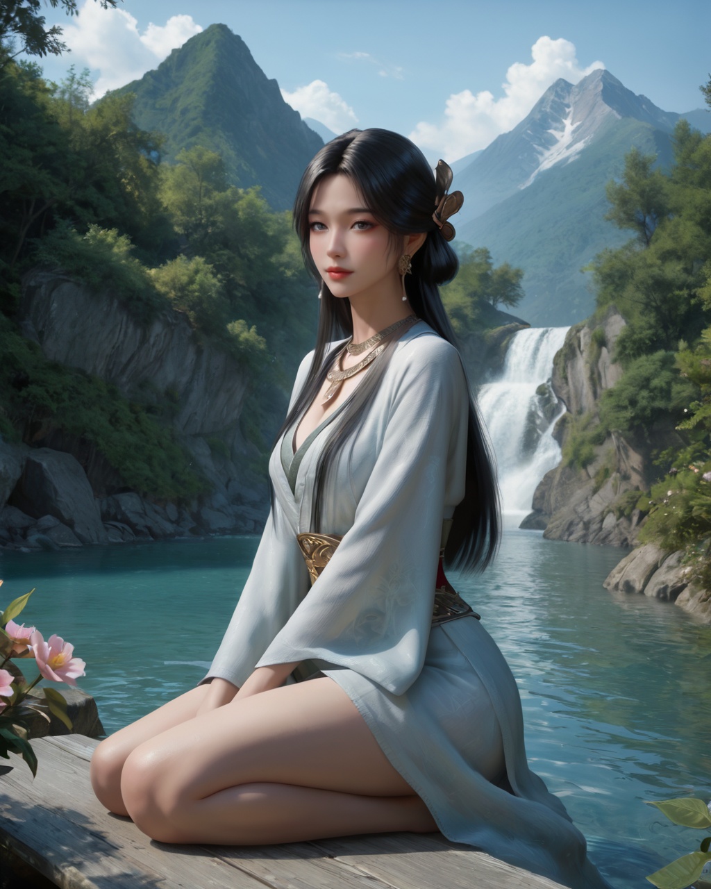 score_9,score_8_up,score_7_up,detailed face,detailed body,outdoors,mountain,water,white_flower,<lora:Pony-梅凝-正式版v1>,1girl,meining,upper body,black hair,long hair,jewelry,hair ornament,earrings,necklace,hanfu,looking at viewer,sitting,yokozuwari,sitting_on_water,posing,thick thighs,barefoot,