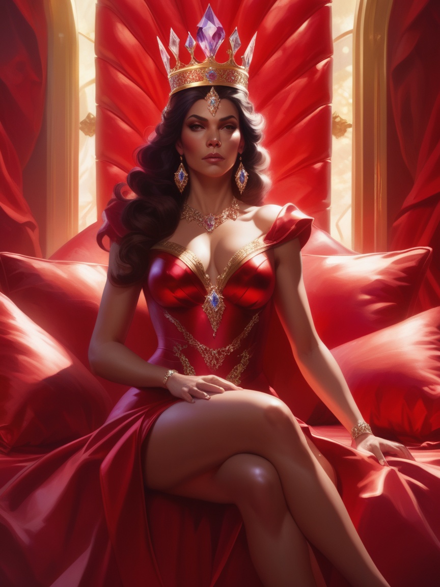 AN EMPRESS with a crystal crown sitting on big red pillows,  by artgerm,  8k on Tensor.Art