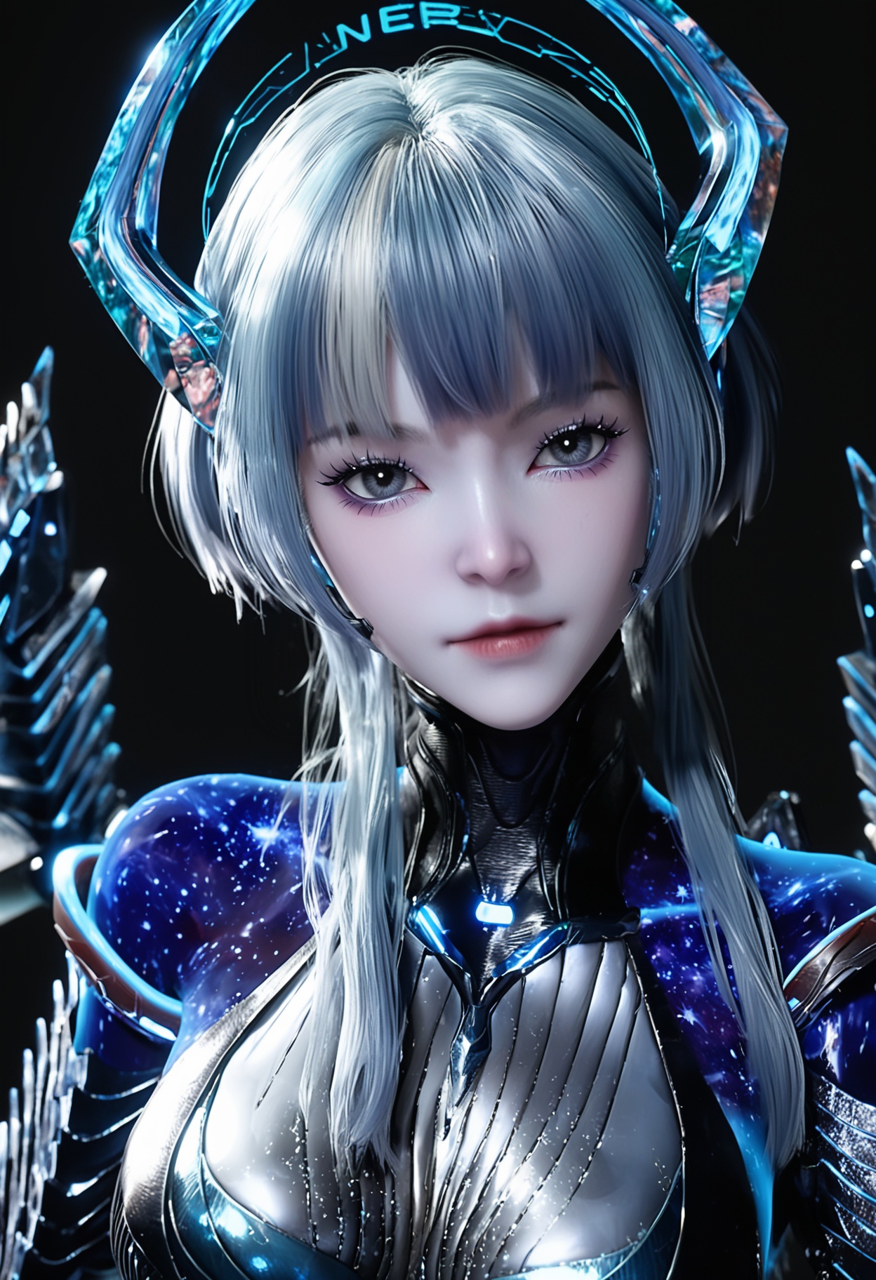 (upper_body:1.2),score_9,score_8_up,masterpiece,(best quality),intricate details,1girl,facing viewer,(looking at viewer:1.1),<lora:YQ_pony_babata2.0_V5:0.8>,q1528437228,1girl,solo,blue hair,horns,bodysuit,long hair,blue eyes,wings,blue skin,blunt bangs,tail,short hair,high heels,short hair with long locks,sidelocks,grey hair,black eyes,armor,headgear,white hair,multicolored hair,BREAKscore_9,score_8_up,masterpiece,(best quality),perfect anatomy,(hourglass),perfect face,(simple background,pure black background,black background:1.1),fair_skin,shiny_skin,Ivory_skin,