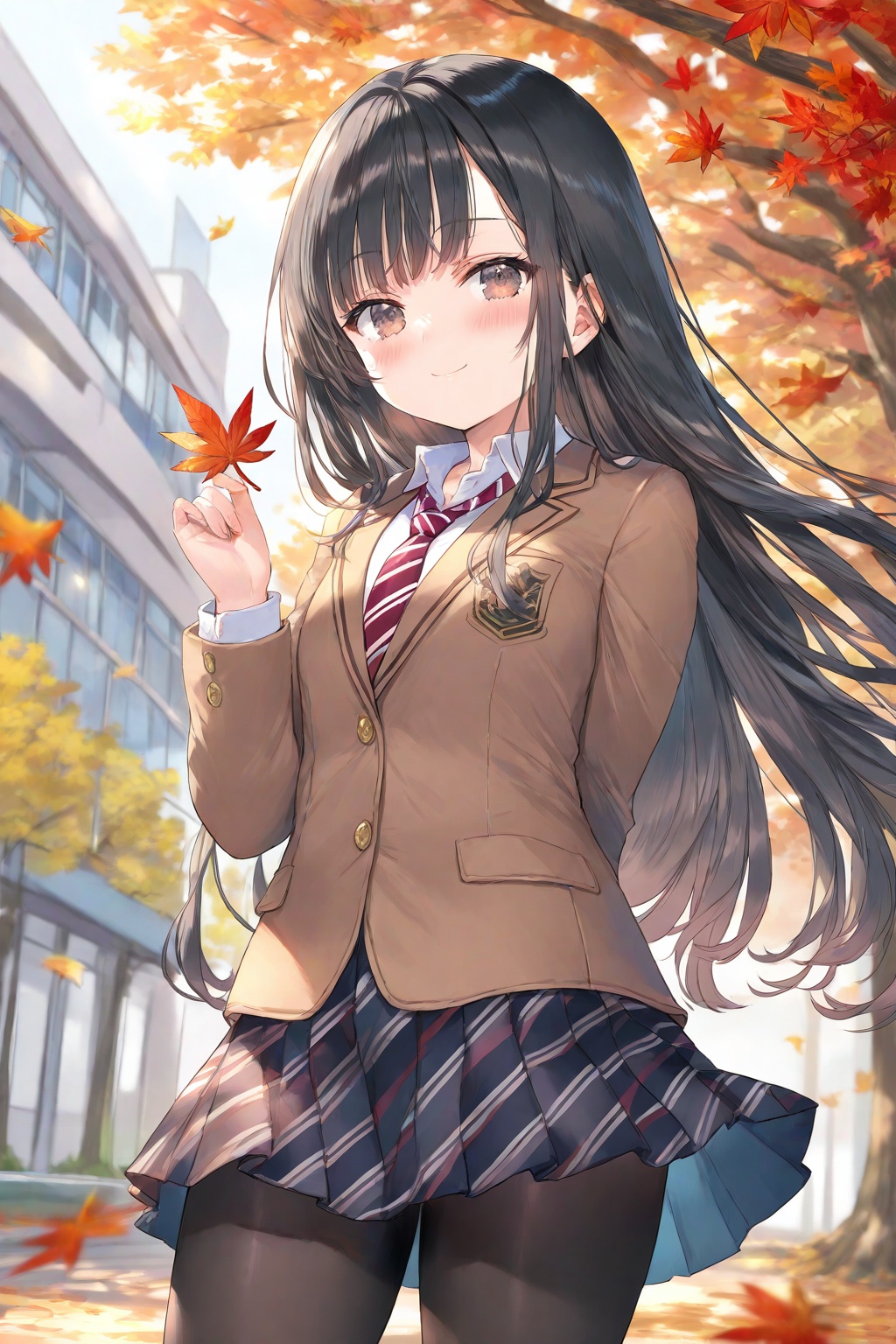 1girl, solo, long hair, looking at viewer, blush, smile, bangs, skirt, shirt, black hair, long sleeves, brown eyes, very long hair, closed mouth, school uniform, standing, jacket, white shirt, pantyhose, cowboy shot, pleated skirt, outdoors, necktie, day, striped, collared shirt, blurry, tree, plaid, black pantyhose, floating hair, leaf, plaid skirt, sunlight, blazer, red necktie, brown jacket, autumn leaves, maple leaf, striped necktie, diagonal stripes, falling leaves, diagonal-striped necktie