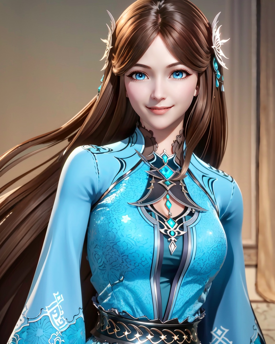 ningrongrong,1girl,solo,long hair,looking at viewer,smile,blue eyes,brown hair,hair ornament,dress,upper body,<lora:宁荣荣14LORA:0.8>,, masterpiece, best quality, masterpiece, best quality
