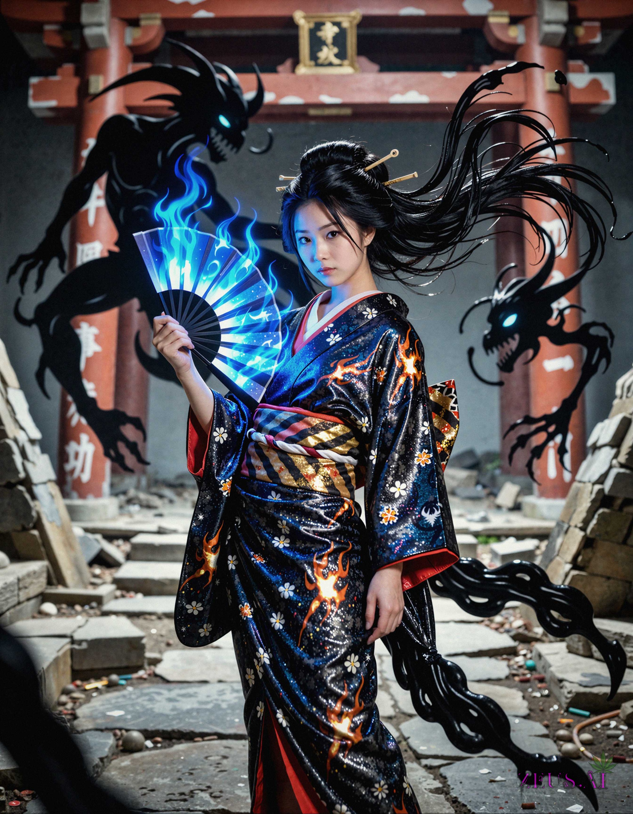 Shadow Flame Geisha with black hair flowing like ink,  holding a fan made of ((blue fire)),  kimono shimmering with ((embe...