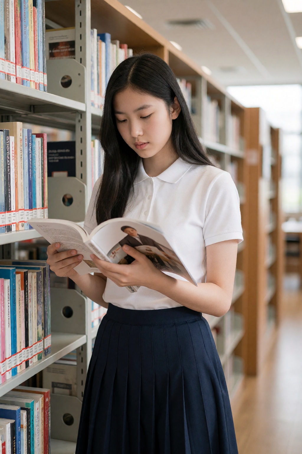 An Asian woman with long black hair,  wearing a white polo shirt and a navy blue pleated skirt,  reads a magazine in a mod...