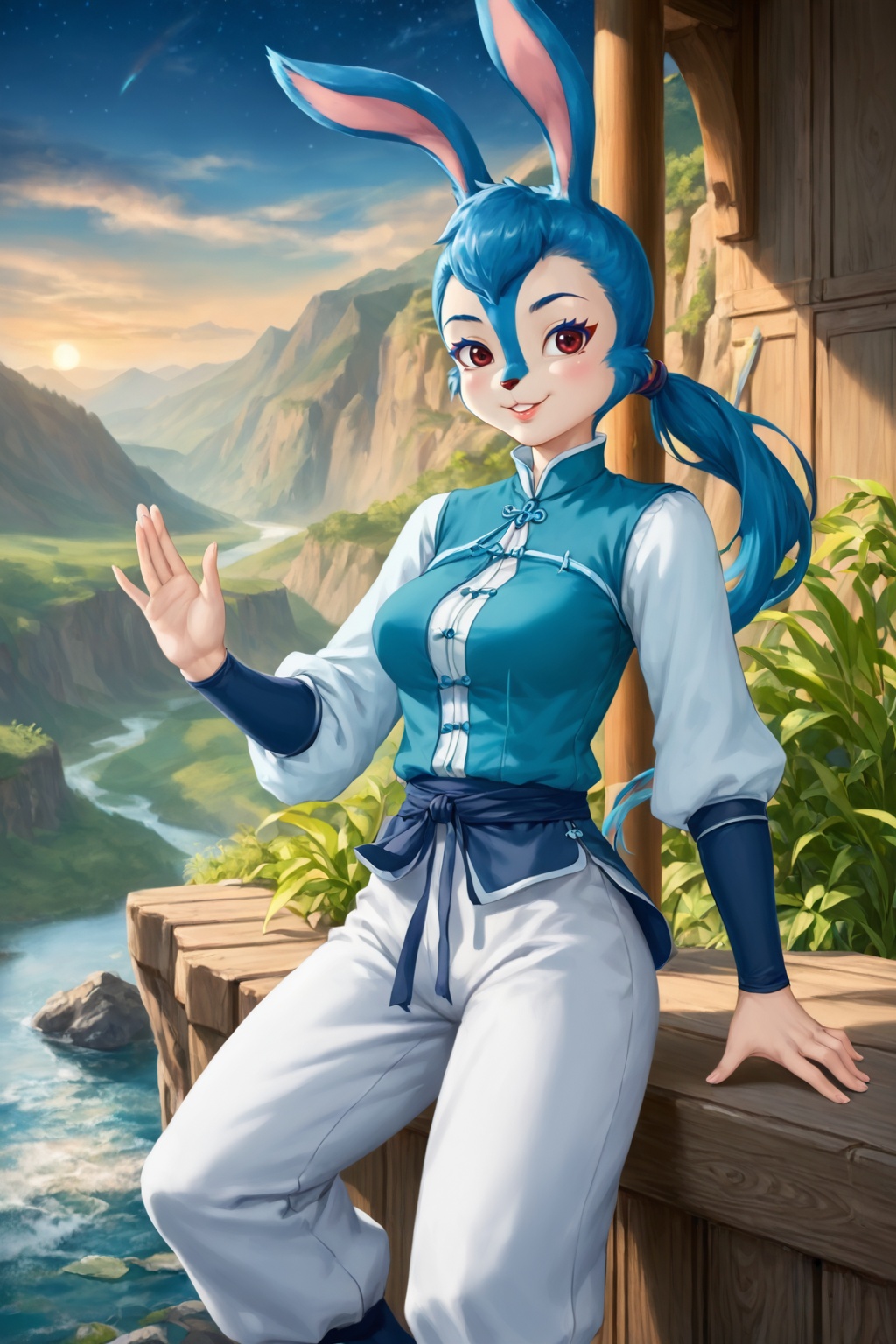 safe_pos,score_9,score_8_up,score_7_up,Lantu,solo,animal ears,furry,1girl,rabbit ears,blue hair,rabbit girl,smile,furry female,medium breasts,chinese clothes,narrow waist,long legs,pants,ponytail,looking at viewer,cowboy shot,nice hands,<lora:pony虹猫蓝兔七侠传-蓝兔:1>,(highres, high quality:1.3),intricate details,sharp focus,depth of field,outdoors,on water,outdoors,cliff,plateau,grand_canyon,sunset,floating and rainbow long hair,Iridescence and rainbow,beautiful detailed starry sky,dynamic pose,dynamic angle,<lora:add-detail-xl:0.5>,mature female,curvy,shiny skin,oiled skin,Expressiveh,