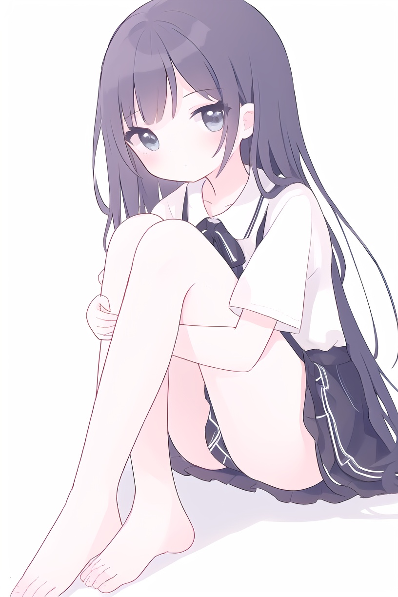 1girl, solo, barefoot, sitting, white background, close up,  <lora:xue_eye_v1:1>