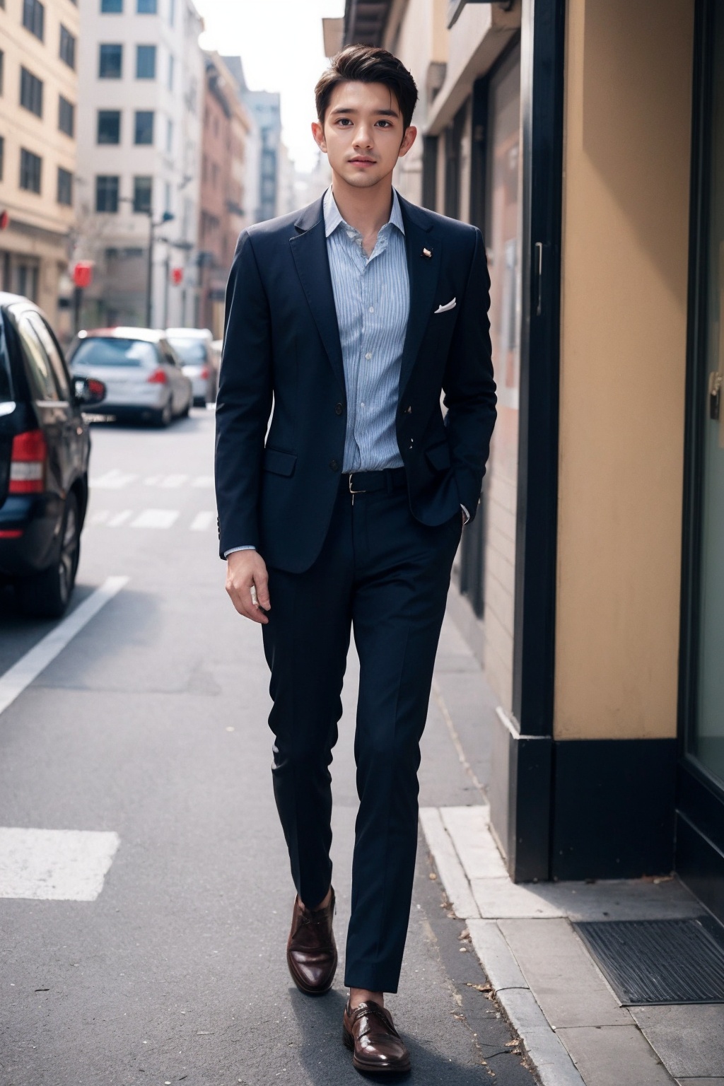(1man:1.5),(male:1.5),(full body:1.2),(Collared shirt and blazer and suit trousers:1.4),<lora:AsianMan_3:0.8>,
