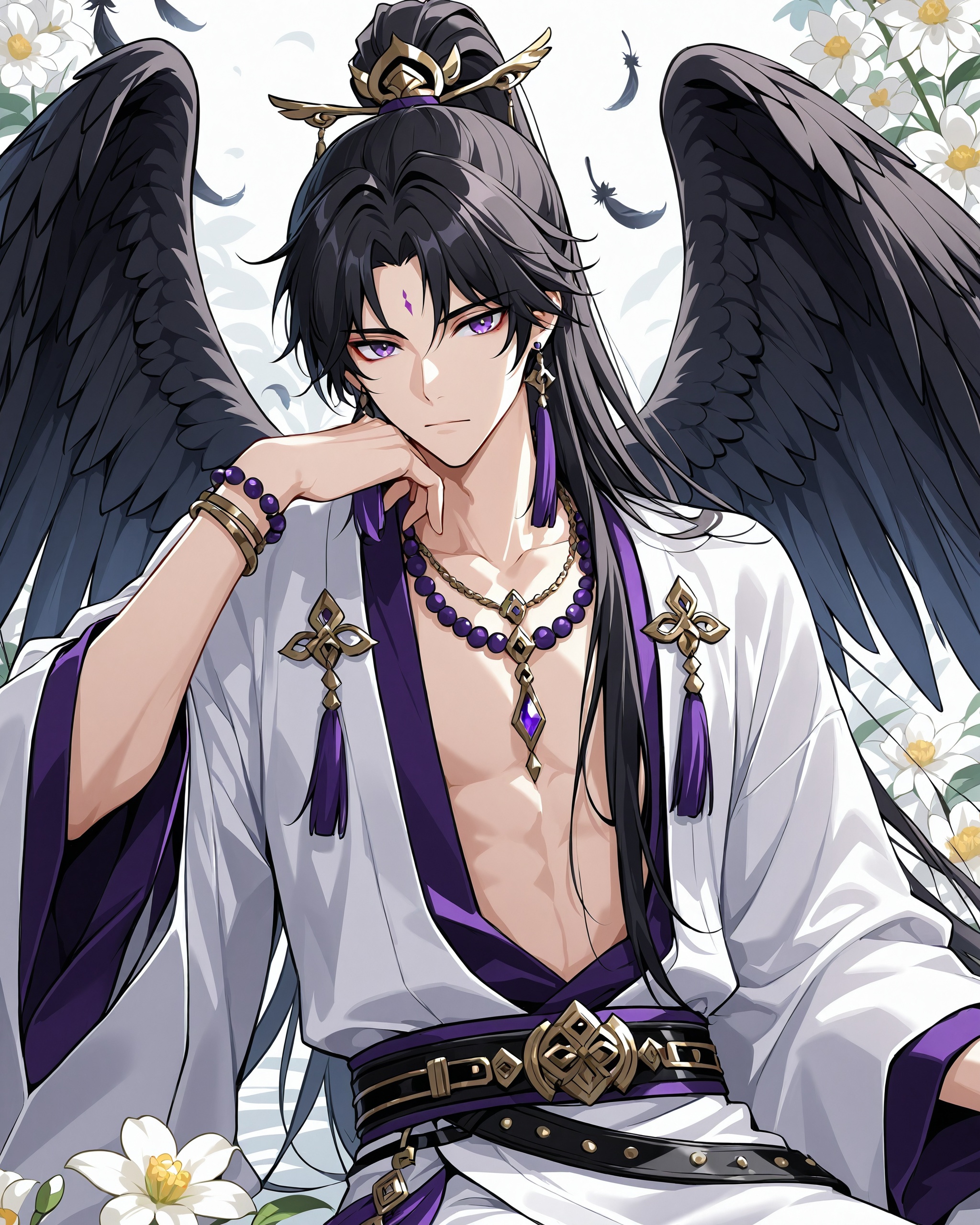 glow, jewelry, 1boy, male focus, wings, solo, long hair, black hair, flower, bracelet, tassel, high ponytail, feathered wings, looking at viewer, necklace, open clothes, parted bangs, earrings, hair ornament, black wings, sitting, belt, facial mark, ribbon, beads, purple eyes, forehead mark, hand up, long sleeves, closed mouth, white flower, feathers, tassel earrings, wide sleeves, ponytail, black belt