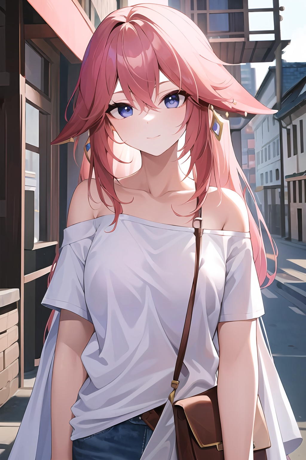 (masterpiece, best quality:1.2),insanely detailed,absurdres,ultra-highres,ultra-detailed,best quality,slender,kawaii,perfect symmetrical face,ultra cute girl,ultra cute face,ultra detailed eyes,ultra cute,ultra beautifu,<lora:Yae Miko-000008:0.8>,yae miko,1girl,solo,smug,hair ornament,earrings,shirt,white shirt,collarbone,short sleeves,t-shirt,off shoulder,oversized shirt,naked shirt,oversized clothes,outdoors,