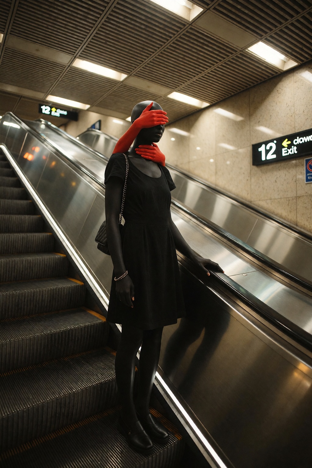A woman stands on an escalator,  wearing a black short-sleeved dress with a knee-length hem that is simple yet elegant. He...