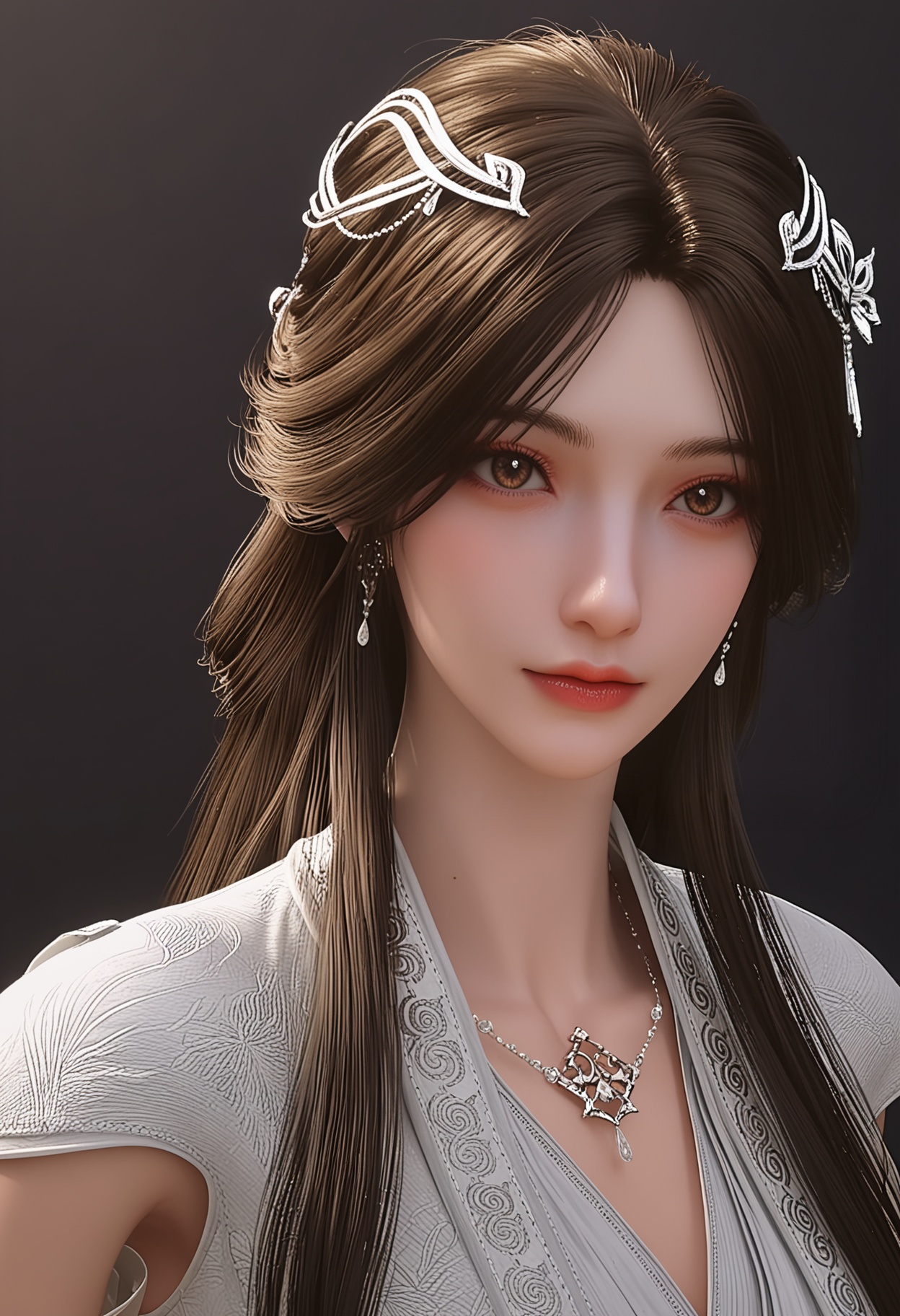 (upper_body:1.2),score_9,score_8_up,masterpiece,(best quality),intricate details,facing viewer,(looking at viewer:1.1),<lora:YQ_pony_yuxin2.0_V4:0.8>,q1528437228,1girl,solo,long hair,hair ornament,jewelry,earrings,dress,brown hair,white dress,necklace,black hair,brown eyes,chinese clothes,long sleeves,detached sleeves,wide sleeves,hair bun,BREAKscore_9,score_8_up,masterpiece,(best quality),perfect anatomy,(hourglass),perfect face,(simple background,pure black background,black background:1.1),fair_skin,shiny_skin,Ivory_skin,