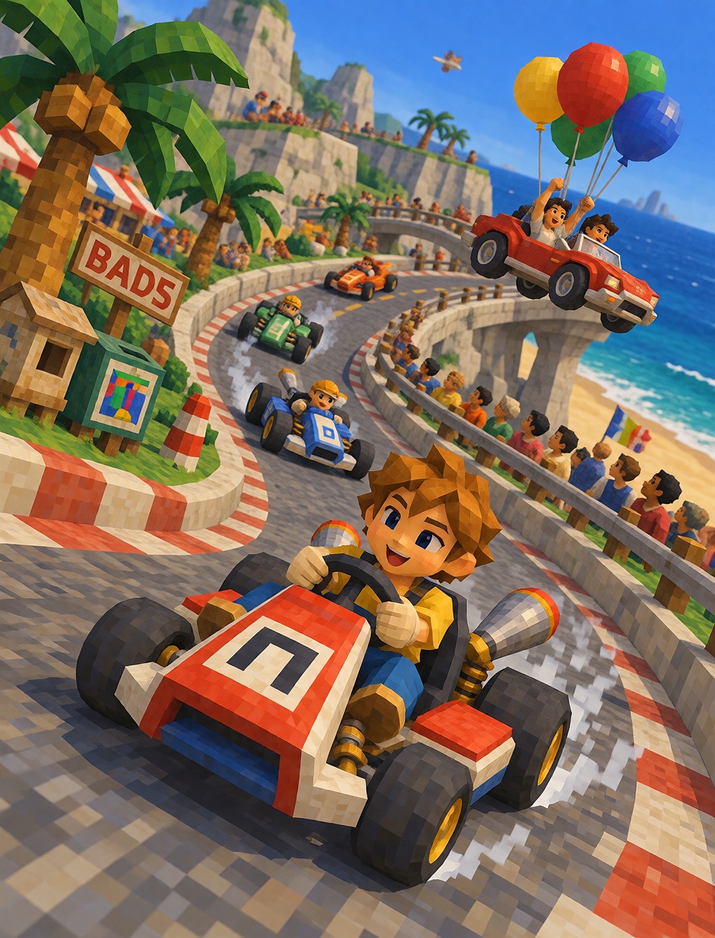 A fun colorful racing scene with a small kart speeding along a winding seaside track,  palm trees,  balloons on Tensor.Art
