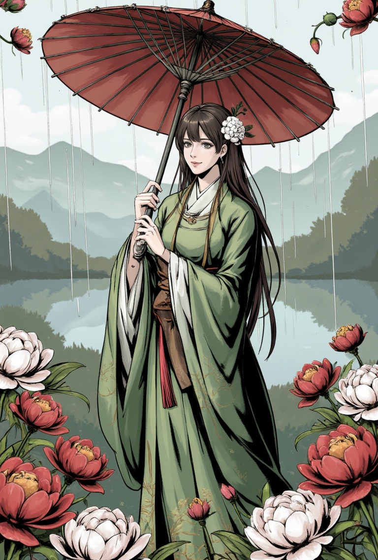This digital painting depicts a serene,ethereal scene of a young woman in traditional East Asian attire standing amidst blooming red and white peonies. She holds a large,elegant parasol above her head,shielding her from the rain. Her long,dark hair is adorned with a white flower and she wears a green kimono with intricate patterns and a brown obi sash. Her pale skin contrasts with her dark hair and the vibrant flowers. The background features misty mountains and a tranquil lake,enhancing the peaceful atmosphere. The artwork is rich in detail,with soft,flowing textures and a harmonious color palette dominated by greens,reds,and whites,evoking a sense of calm and natural beauty.,<lora:flux-lora-000010:1>,
