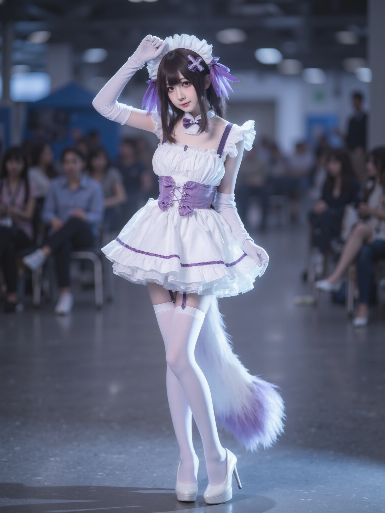 The image is a high-resolution photograph of a young woman dressed in a cosplay costume, likely taken at a convention or cosplay event. She stands confidently in the center of a dimly lit room with a concrete floor, wearing a white, frilly maid outfit with a short skirt, puffed sleeves, and a high-collared bodice. Her hair is styled in a bob with bangs and adorned with a white maid headpiece and purple ribbon. She has a slender physique with a petite frame. Her skin is pale, and she wears white elbow-length gloves, thigh-high white stockings, and white high-heeled shoes. A fluffy white tail with a purple tip extends from the back of her dress, adding a whimsical touch. The background is blurred, revealing a few people seated in chairs, possibly other cosplayers or event staff, indicating a crowded, indoor setting. The overall aesthetic is playful and whimsical, with a mix of fantasy and cosplay elements. The lighting is soft and diffused, creating a dreamy, ethereal atmosphere. The photograph captures her poised, confident stance, with one hand holding her headpiece and the other resting on her hip, emphasizing her character's playful and charming demeanor..<lora:YY-超女-女仆装F.1:1>,