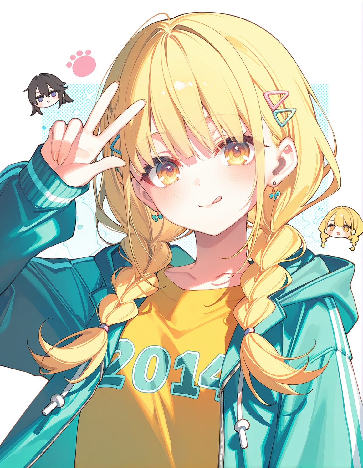 1girl,fujita kotone,solo,twin braids,blonde hair,braid,tongue,tongue out,yellow shirt,jacket,yellow eyes,shirt,long hair,looking at viewer,long sleeves,upper body,w,open clothes,open jacket,halftone,hair ornament,twintails,v,aqua jacket,smile,:q,blush,closed mouth,hood, (toosaka asagi:1.1025),(ningen mame:0.907),(ciloranko:0.9524),sho \(sho lwlw\),(tianliang duohe fangdongye:0.8638),(rhasta:0.907), masterpiece,year 2024,newest,highres,absurdres,