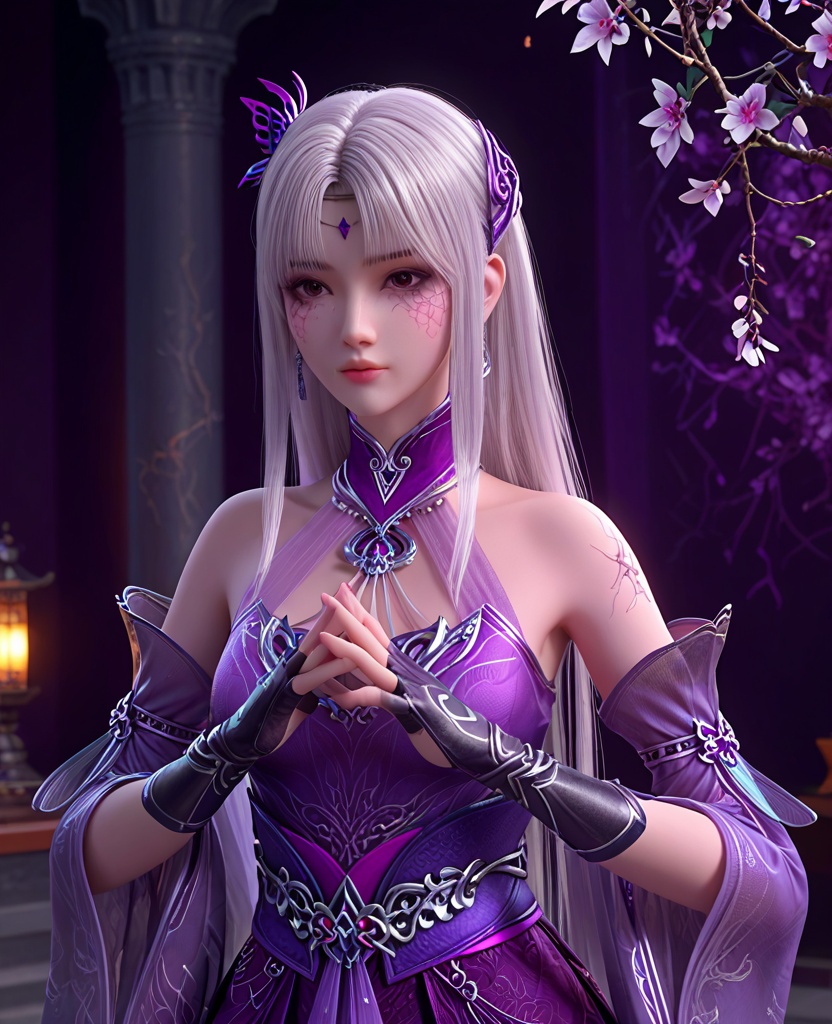 (oriental architecture, elegant decor, sophisticated style:1.1),(Standing with hands clasped in front, looking serene:1.1),(breasts:1.2),<lora:XL斗破苍穹小医仙P:0.85>,elder sister,purple dress,white hair,bangs,hair ornament,bare shoulders,brown eyes,purple veil,jewelry,fingerless gloves,sash,(facial tattoo:1.2),(cracked skin:1.2),purple eyes,, score_9,score_8_up,score_7_up,score_6_up,score_5_up,score_4_up,3d rendering,tag1,tag2, Cinematic Lighting,backlighting,