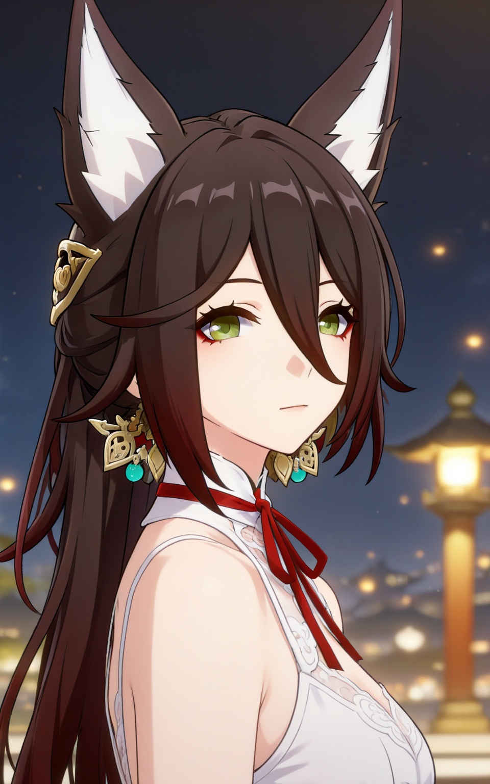 depth of field,masterpiece,best quality,very aesthetic,alternate costume,alternate costume,2024,2023,perfect composition,ultra-detailed,extreme aesthetic,masterpiece,best quality,good quality,newest,year 2024,year 2023,very aesthetic,absurdres,looking_at_viewer,colorful,upper_body,<lora:停云·衣服百搭款ILL:0.8>,tingyun \(honkai: star rail\),brown hair,long hair,green eyes,fox girl,fox ears,animal ear fluff,makeup,red eyeshadow,hair between eyes,earrings,