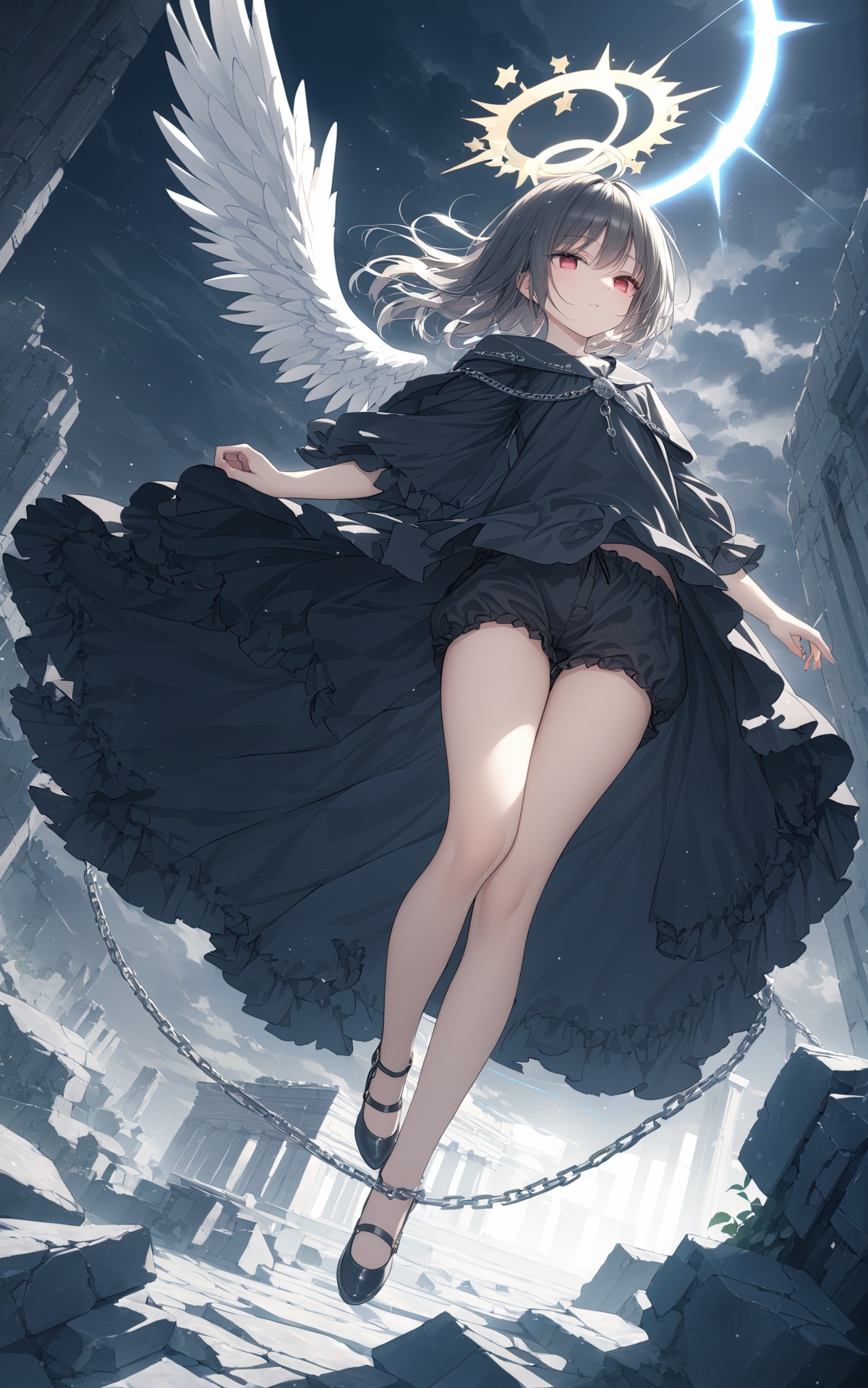 (masterpiece),(best quality),illustration,ultra detailed,hdr,Depth of field,(colorful),(sunlight),(angel),dynamic angle,floating,wing,halo,floating white silk,(Holy Light),silver stars,1girl,chain ring,chain storm,dark chain,((wholeblack bloomer)),darkside,night,deep dark,darkness,((dark clouds)),((ruins)),shadow,death garden,