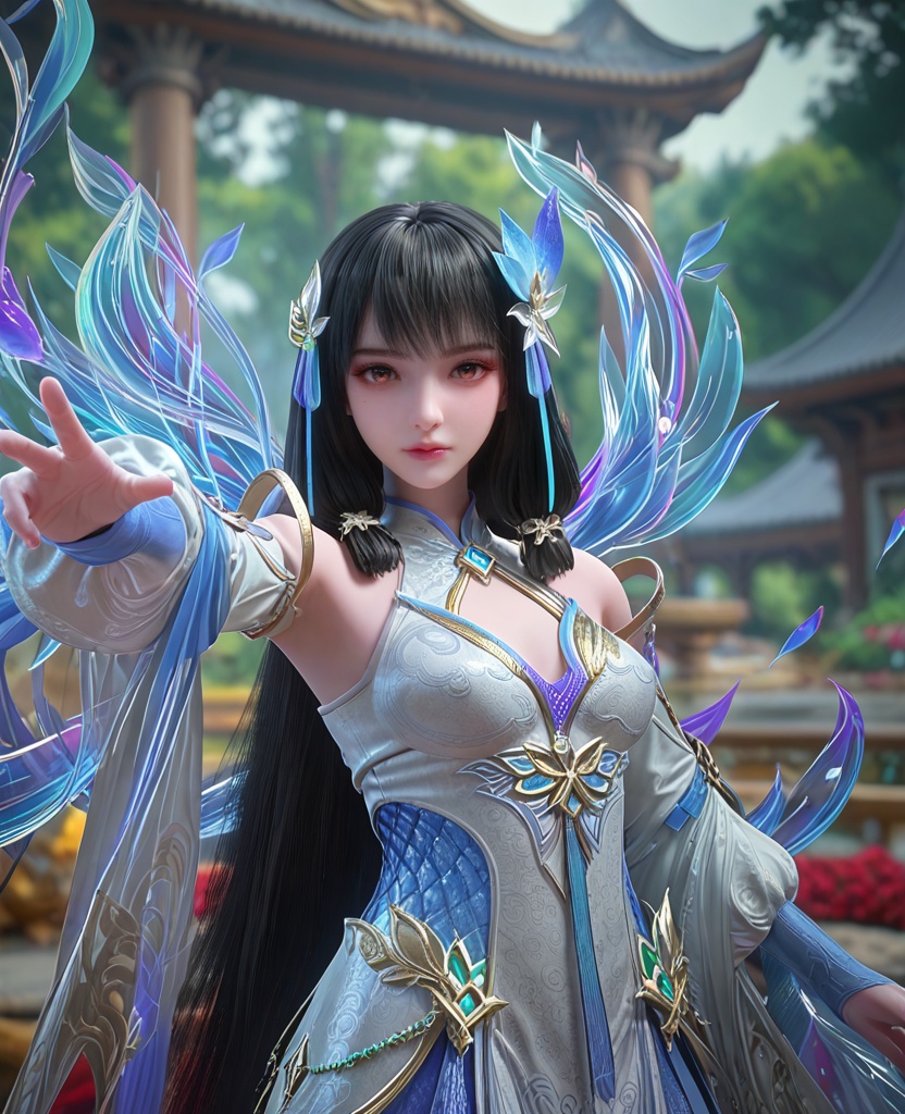 (oriental architecture, elegant decor, sophisticated style:1.1),(Arms outstretched to the side,:1.1),(breasts:1.2),<lora:XL百炼成神云落透纱:0.9>,miss yunluobaiyi,white dress,hair flower,hair tubes,detached sleeves,black hair,hair ribbon,blunt bangs,waist blue mesh,orange eyes,tassel,see-through overskirt,jewelry,, zPDXL2, score_9, score_8_up, score_7_up BREAK realistic, masterpiece,best quality, highly detailed,, zPDXL3, zPDXL2,zPDXL, zPDXLxxx, zPDXLrl,