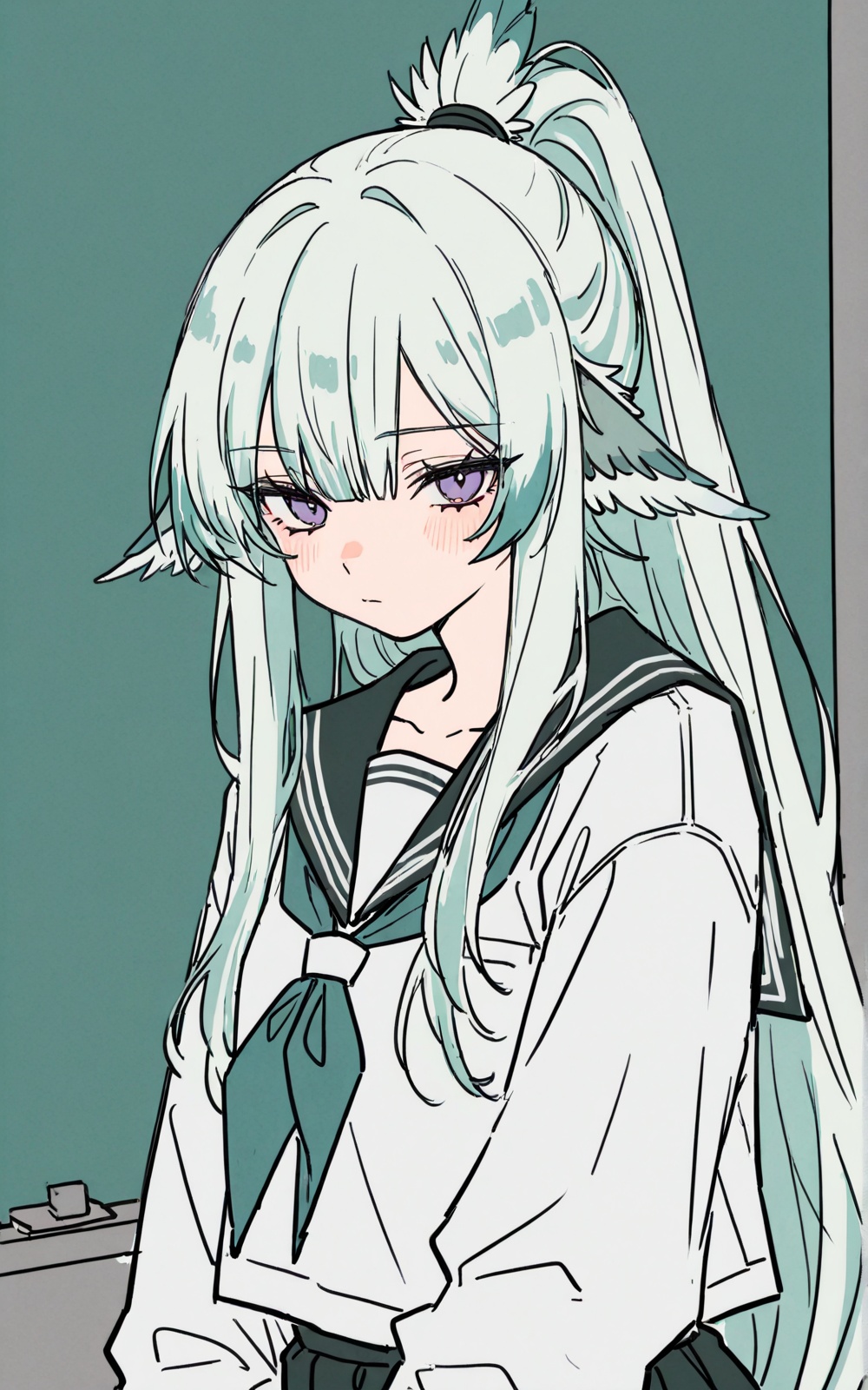 white-teal hair,  high ponytail,  feather ears on Tensor.Art