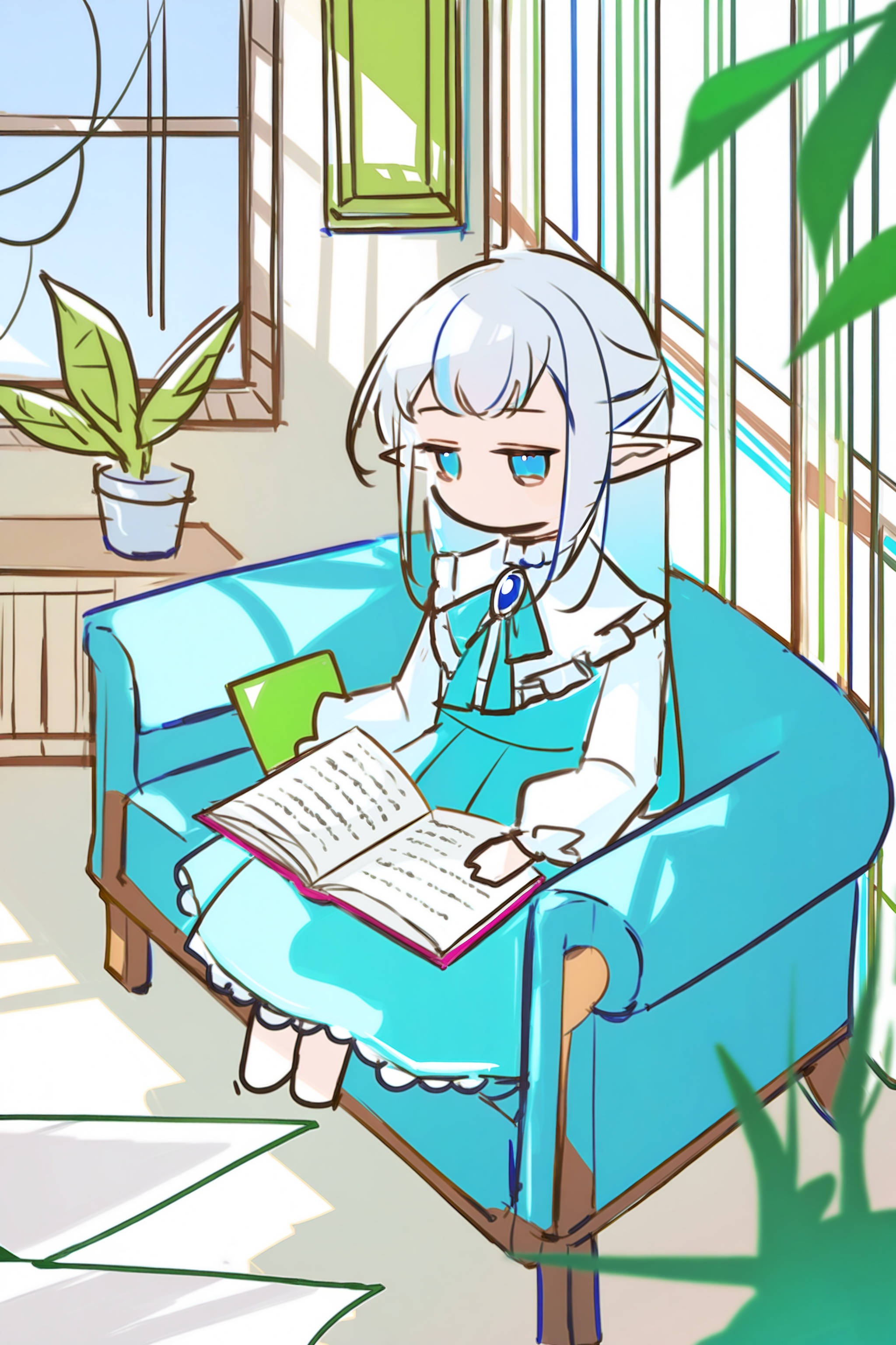 sketches,1girl,elf,chibi,long hair,silver hair,blue gradient hair,pure bangs,blue eyes,small chest,blue brooch,frilled_shirt,long_sleeves,dress,sitting,looking at the audience,half-closed eyes,holding books,window_,curtains,plant,flower,book,team,chair,couch,open books,paper,masterpieces,best quality,art,onnk,lines,line style,depth of field,(color),