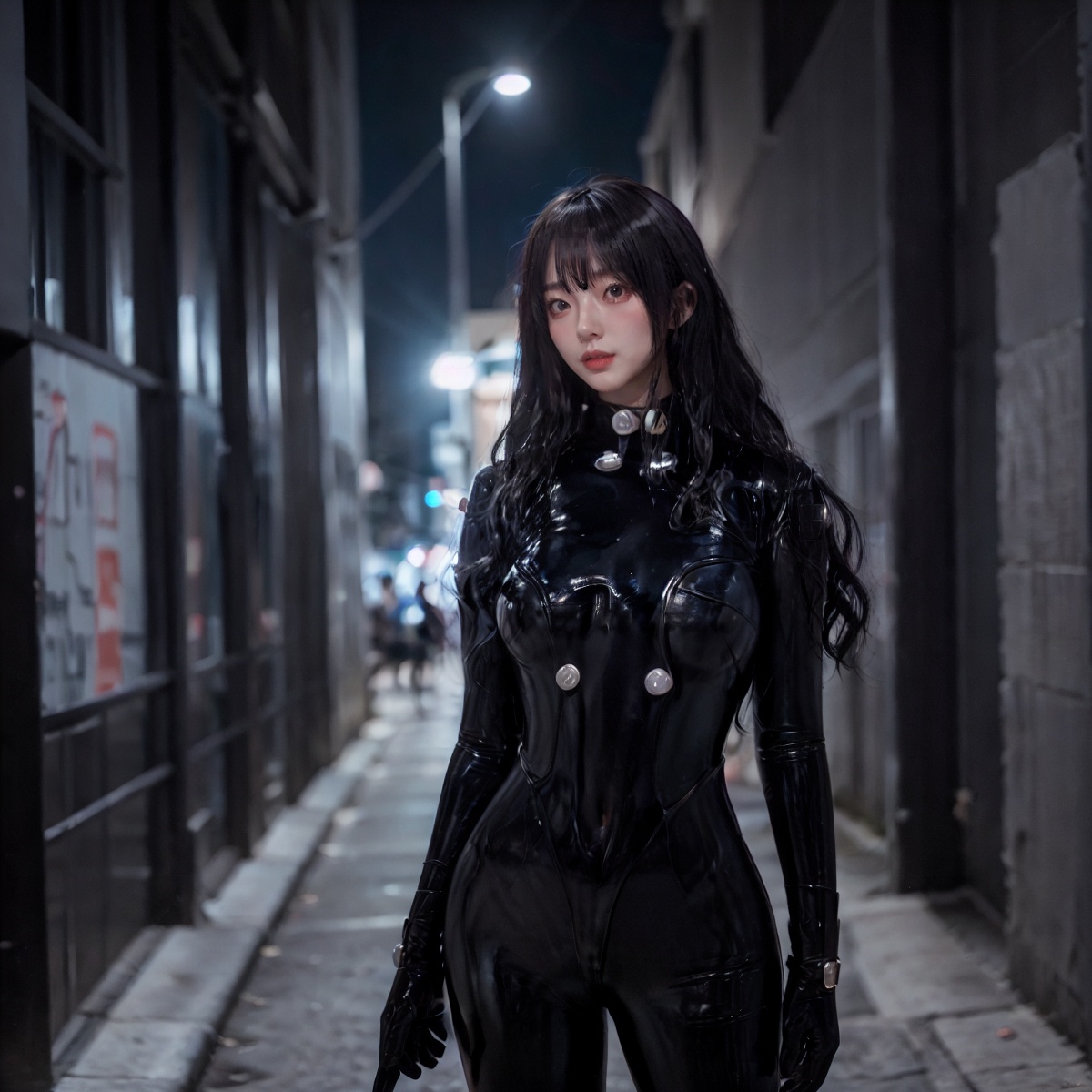 1girl,half-body photo,<lora:Gelcoat_20240117021223-000014:0.8>,body black tight,black gel coat,long hair,(curly hair:1.1),enchanting figure,big chest,in the alley at night,, masterpiece:1,2), best quality, masterpiece, highres, perfect lighting