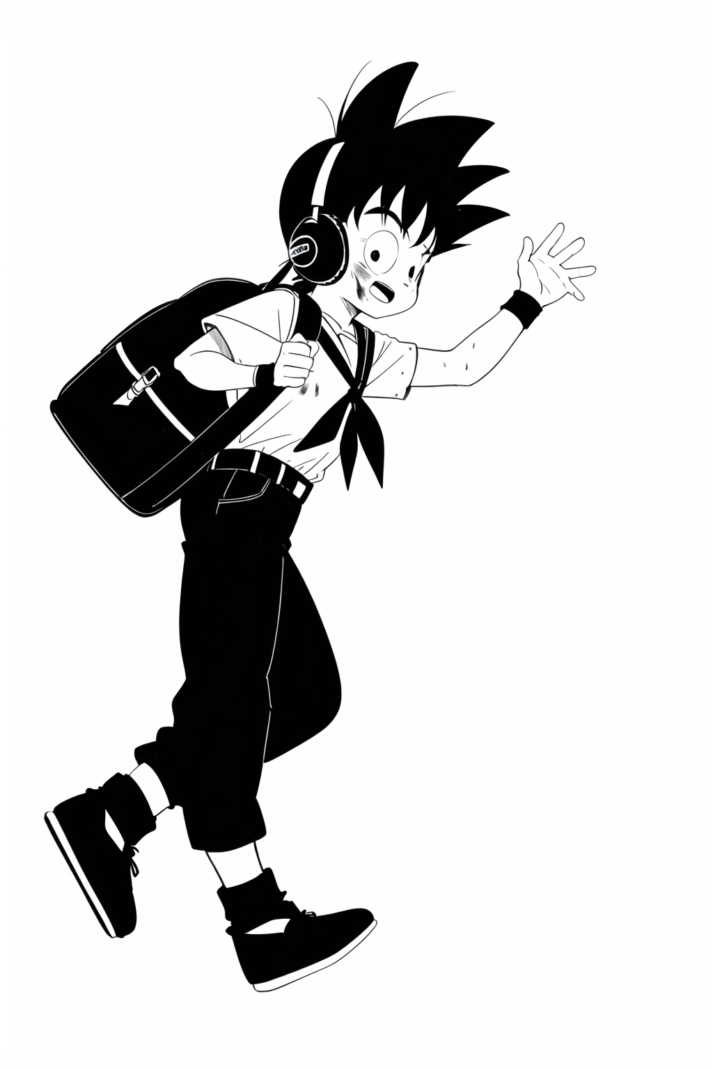 backpack, belt, bruise, car, from side, full body, hair over one eye, headphones, kp, looking at viewer, loose socks, male child, mask, monochrome, neckerchief, outstretched hand, ponytail, shirt, short sleeves, simple background, solo, spiked hair, white background,<lora:kp_鸟山明V3:0.8>,kp,, masterpiece, best quality, unity 8k wallpaper,8k, ultra high res