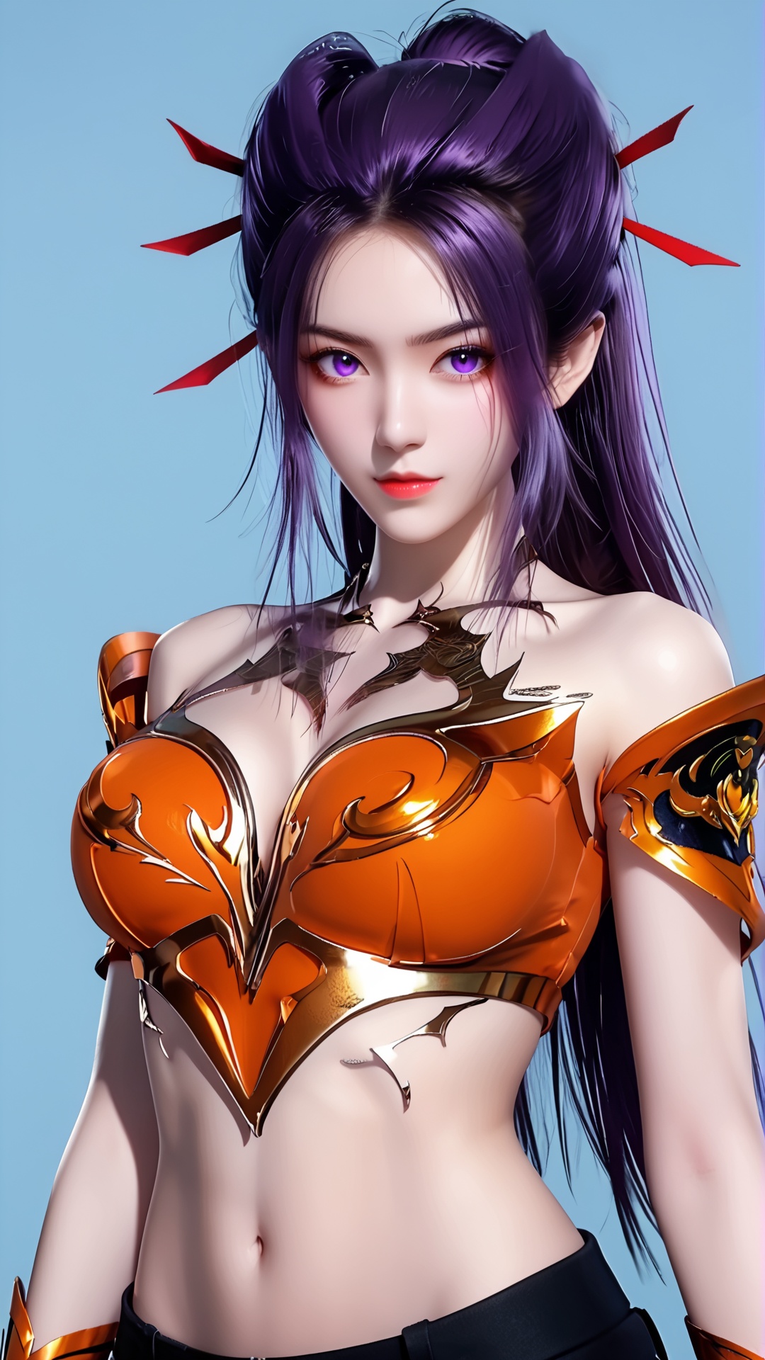 The image is a digital portrait of a young woman with long dark hair. She has a serious expression on her face and is looking directly at the camera. Her hair is styled in a high ponytail with multiple spikes sticking out of it. She is wearing a white and orange outfit with a dragon design on the chest. The background is a dark blue color with a hint of purple. The overall mood of the image is intense and dramatic...,<lora:pony焰-000009:0.8>,