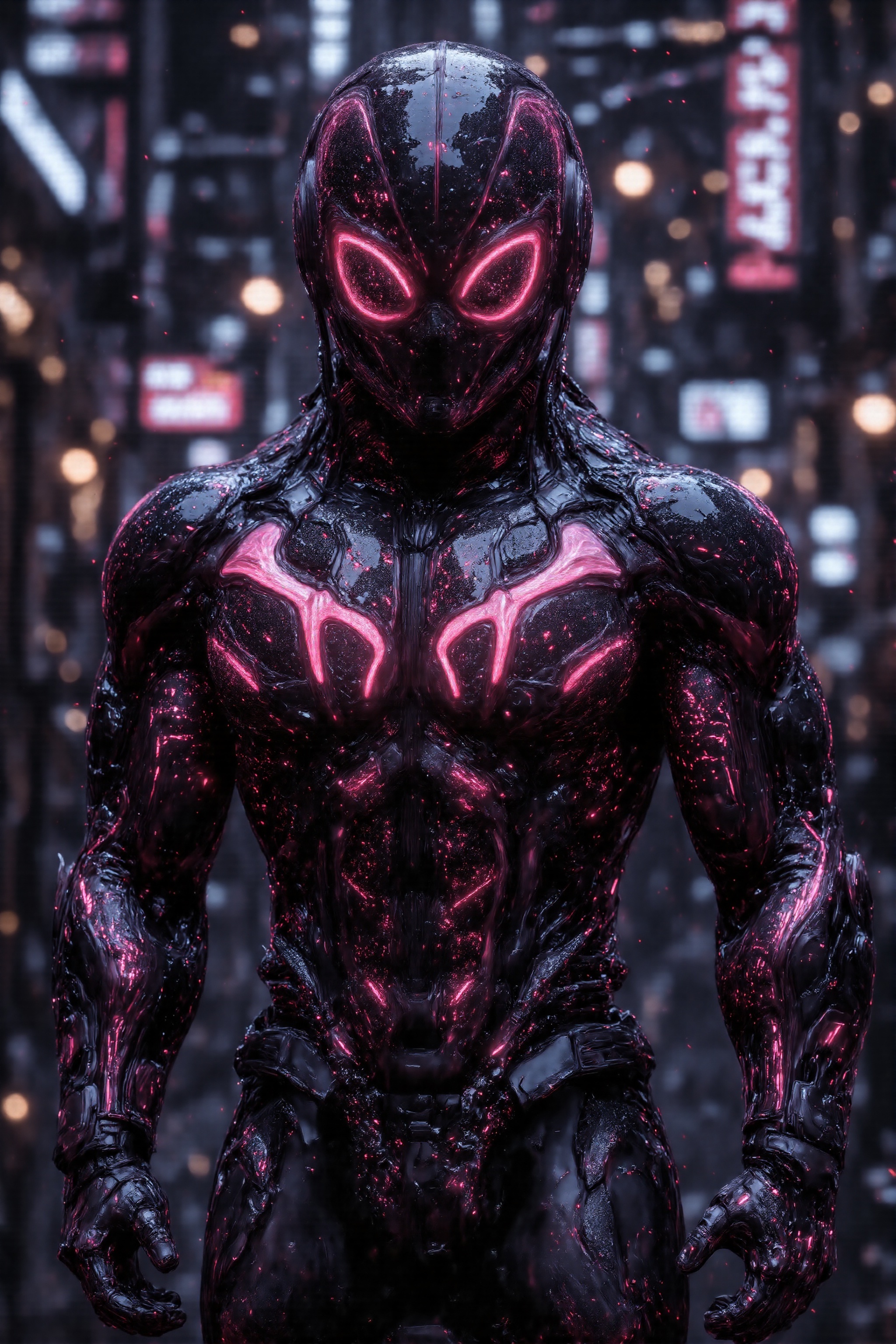 deepblack,JMstyle-CGI,JMstyle-CGI,A highly detailed digital artwork of a character from the Marvel Cinematic Universe, specifically Spider-Man, wearing a sleek, futuristic black and pink armored suit. The suit has a glossy texture and features intricate patterns and lines that glow with a neon pink light, creating a striking contrast with the dark background. The character's face is obscured by a high-tech mask with a large, angular eye piece that glows pink, giving the suit a high-tech and somewhat robotic appearance.The background is a blurred urban setting, likely at night, with neon lights and signs in various colors, including blue, purple, and pink, adding to the futuristic and cyberpunk atmosphere. The lighting is dramatic, with the character illuminated by a soft, cool light, while the background is more shadowy and darker.The character's physique is muscular and well-defined, suggesting a strong and agile body, fitting for a superhero. The overall style is a mix of realistic and stylized, with a focus on the sleek and futuristic design of the suit and the character's physique.The image is a high-quality digital painting with a high level of detail and realism, especially in the rendering of the suit's texture and the neon lights. The artist's signature is visible in the bottom right corner, indicating a professional and polished artwork.