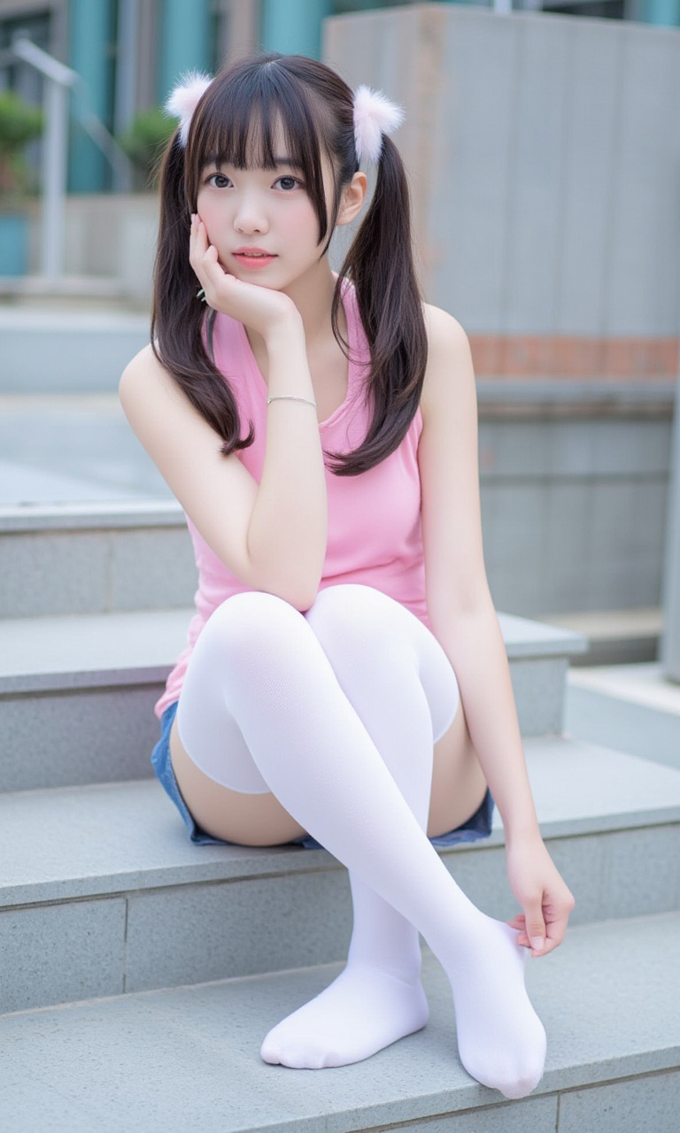 White stockings, this is a clear, high-resolution photo of daily leisure life. In the photo, a young woman wearing pink and blue jeans is sitting on the outdoor steps. Her hair flowed gracefully, her chin resting on her right hand, gazing into the distance. The background consists of the exterior walls of the building and some plants. <lora:flux-test-loka12G:0.8>