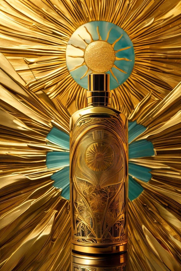 A luxurious cosmetic bottle with an intricate Art Nouveau-inspired sun relief background,showcasing smooth reflective surfaces and detailed embellishments,exuding elegance and early 20th-century artistic charm,high-quality full shot body photo of a sophisticated art nouveau inspired cosmetic bottle against a luxurious sun relief backdrop,polished surface,delicate patterns,flowing lines,noble and elegant scene,early 20th century art ambiance,<lora:阳光浮雕包装容器_V1-000008:1>,