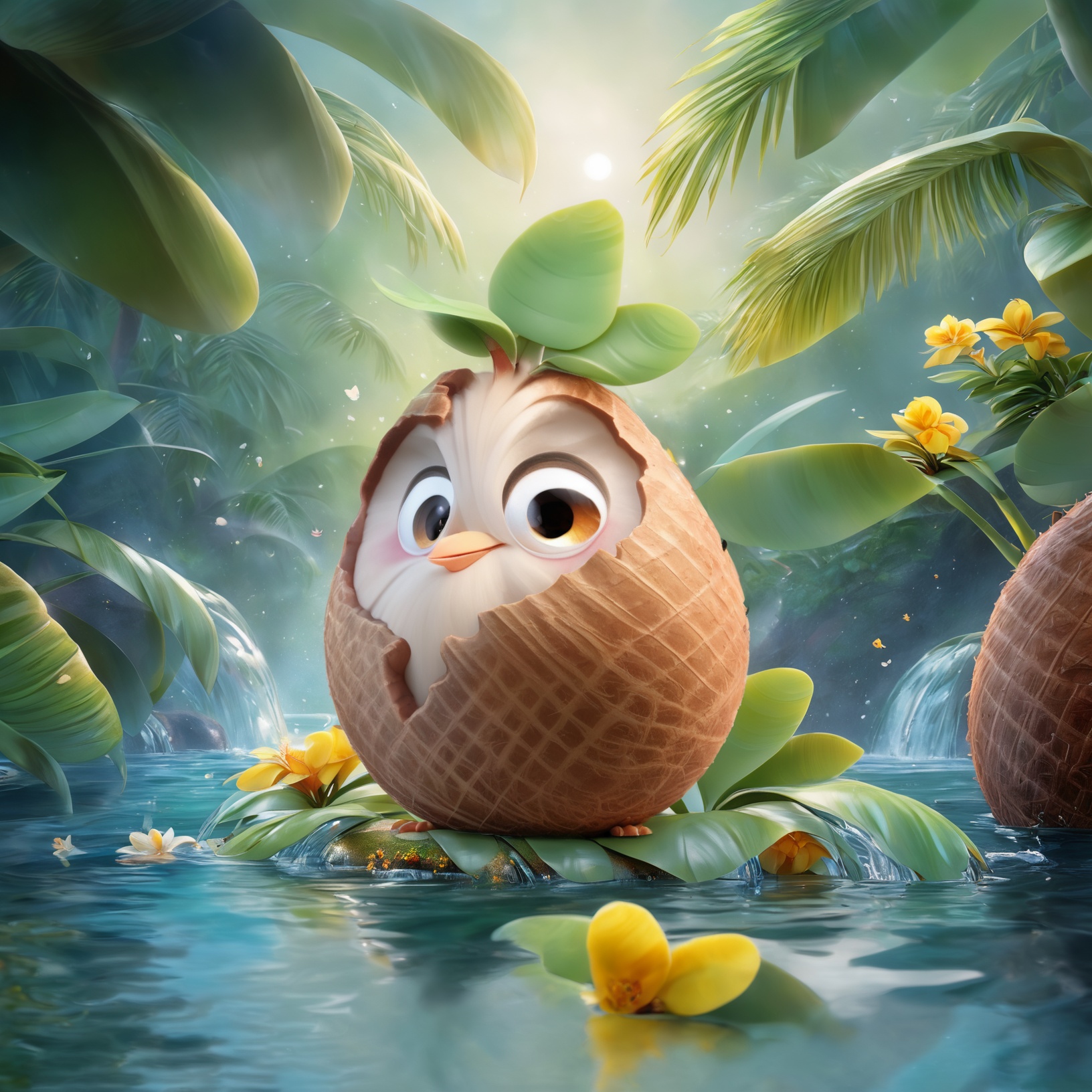 Coconut chicken,The image showcases a whimsical scene featuring a creature that appears to be a blend of a Coconut chicken and a coconut. The creature has large, expressive eyes, a beak, and a body that resembles a coconut. It has green leaves sprouting from its head, and there are small yellow flowers floating around it. The creature is situated near a water body, with a small waterfall flowing nearby. There are also various plants and flowers in the background, and the overall ambiance of the image is serene and dreamy.<lora:YZJ 3.0-000004:1>