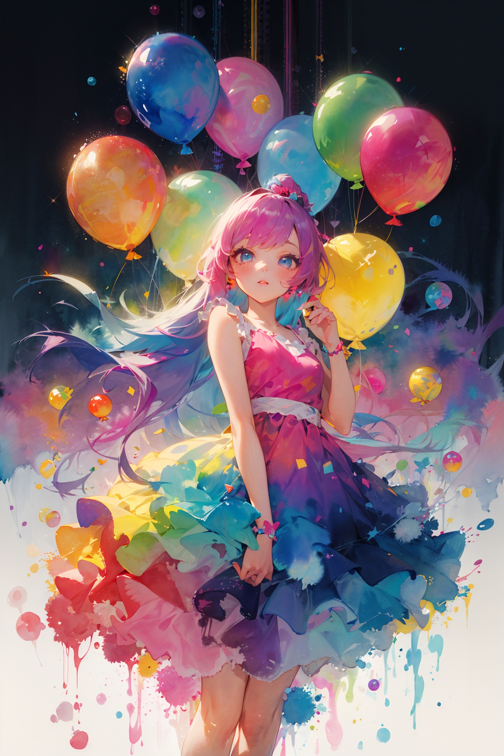 best quality,masterpiece:1.3,ultra-detailed,1girl,Abstract watercolor painting of a little girl,rainbow colors::1,colorful background,colorful hair,long hair,colorful dress,balloon,abstract watercolor painting of cartoon clouds with emoji,rainbow colors,Gradient,blue and pink tone colors,