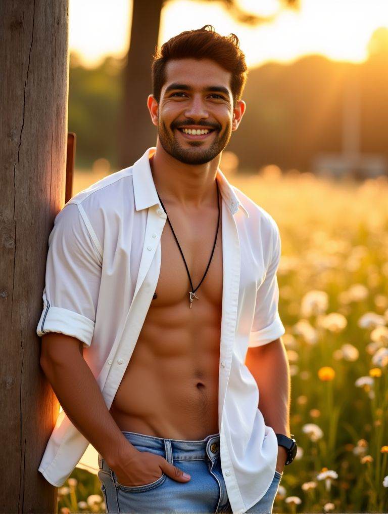Harman Singha ,  hairy chests and abs. multiple pose positions. light particles. sparkling lights. fireflies. wearing open...