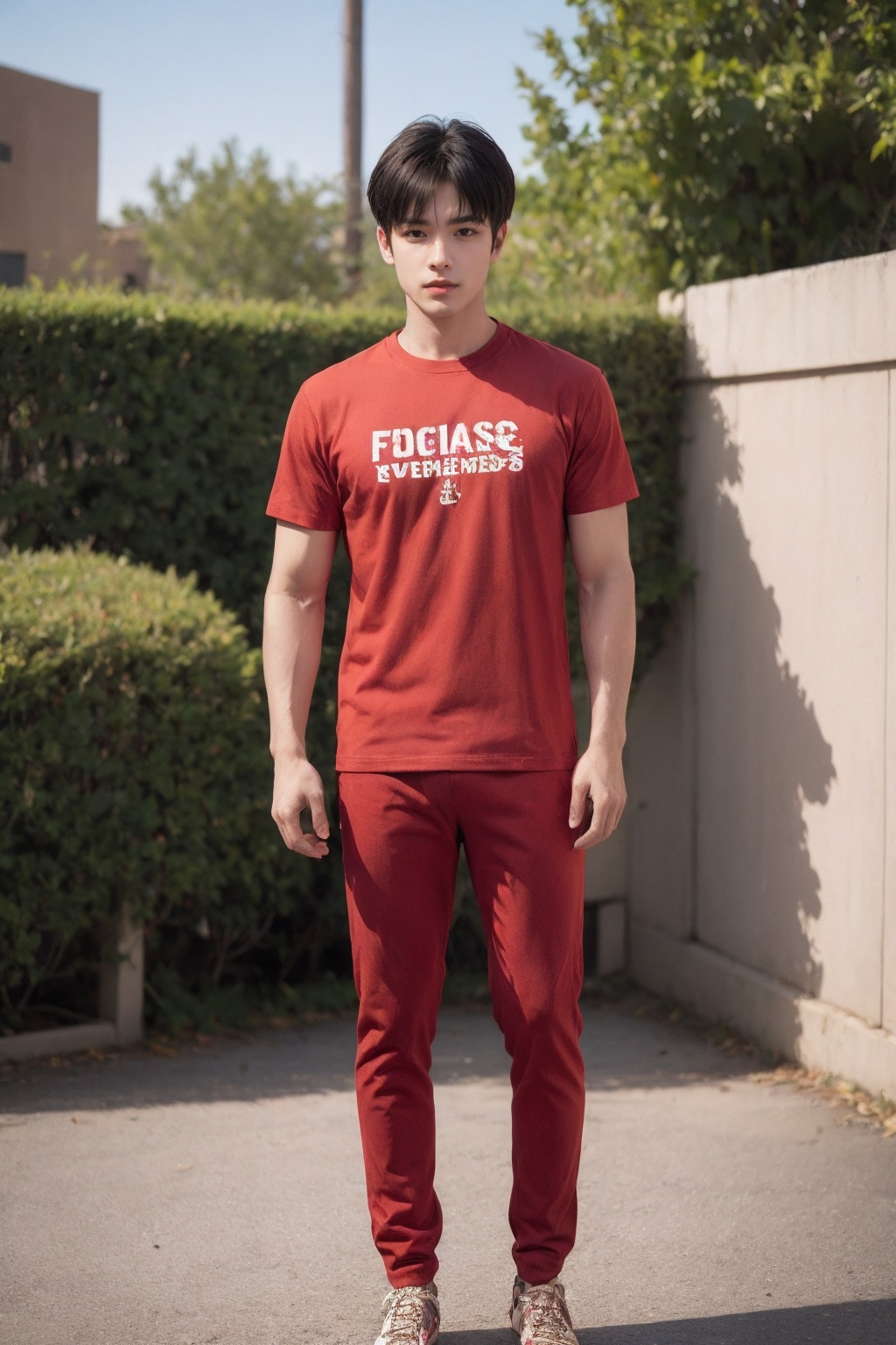 <lora:AgainMaleA3:1>, AgainMaleA3, 1boy, realistic, solo, looking at viewer, full body, red t-shirt, outdoors, 