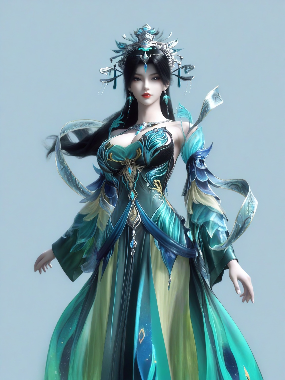 score_9,1girl,solo,dress,long hair,standing,long hair,black hair,earrings,hair ornament,bangs,green dress,detached sleeves,large breasts,standing,lipstick,upper body,looking at viewer,simple background,<lora:SF_YanQingFei_Pony_Realism2.3-000003:0.7>,