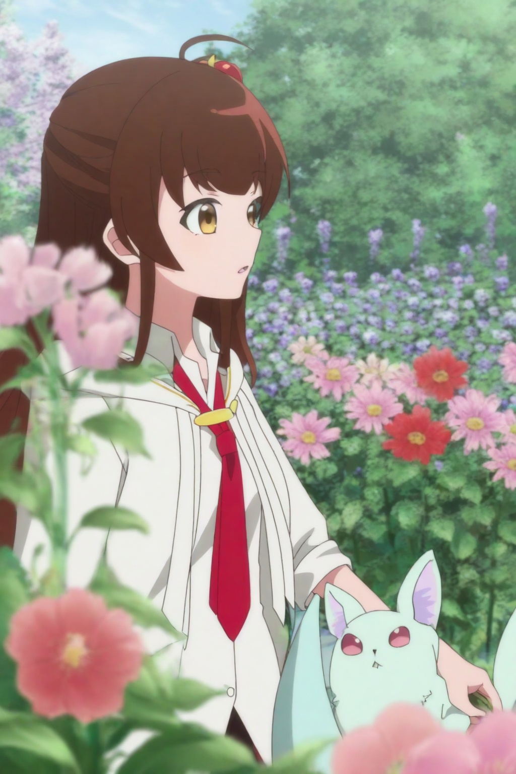 Megu Razuberī,Megu Razuberī, 1girl, brown hair, solo, necktie, outdoors, flower, long hair, red necktie, holding, shirt, school uniform, white shirt, brown eyes, day