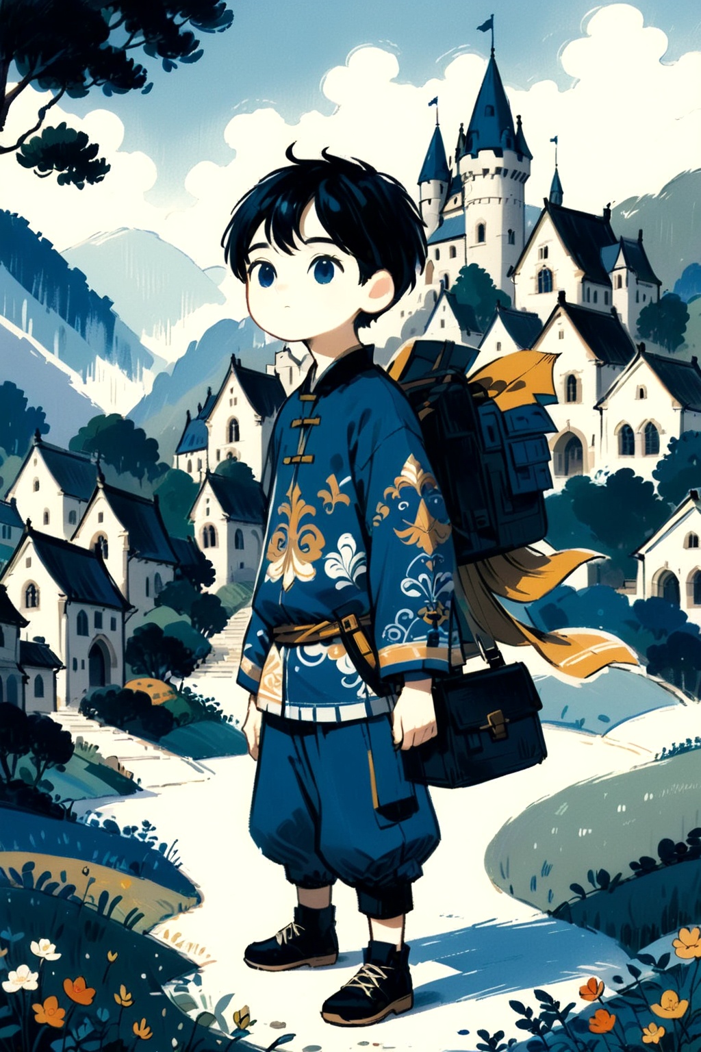 1boy,(full body:1.2),in front of a castle,detailed,ctillu,<lora:IllustrationCute-0010:1>,