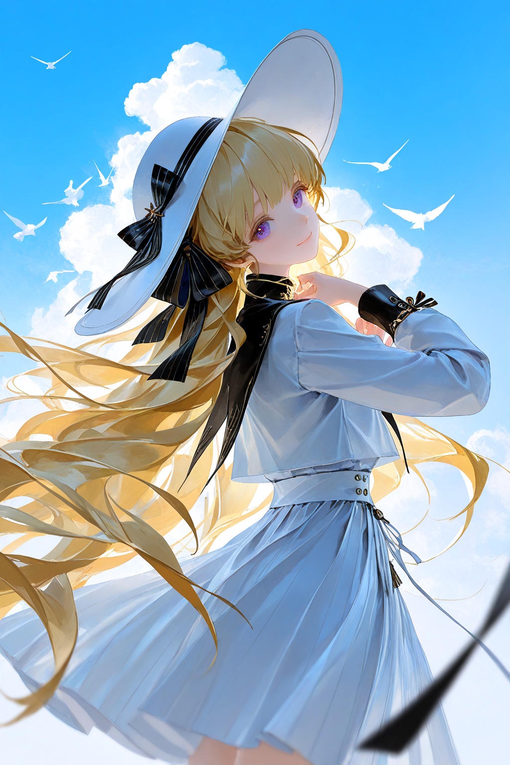 very aesthetic,1girl,phoebe \(wuthering waves\),kitada mo,kurikabacha,suzumi \(ccroquette\),arl,noland,jima,wlop,black bow,black collar,blonde hair,looking at viewer,looking back,from side,closed mouth,hair bow,sideways glance,adjusting hair,bird,head tilt,purple eyes,smile,solo,cowboy shot,striped bow,very long hair,white hat,white shirt,blue sky,day,depth of field,masterpiece,best quality,