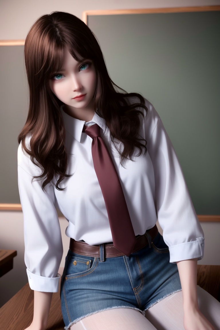 ((HRD, HUD, 8K)),((masterpiece, best quality)), highly detailed, soft light,1girl, solo, brown hair, long hair, green eyes, lips, (white shirt:1.2), necktie, denim shorts, black pantyhose,blurry background, classroom, chalkboard, sitting, cowboy shot, looking at viewer, <lora:20240402-1712019493265:0.7>