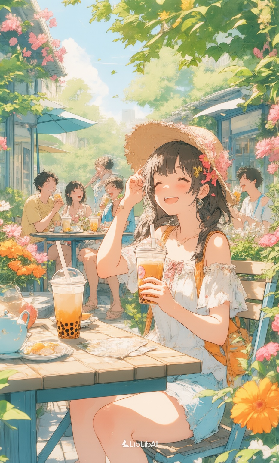 治愈系动画,A girl,with a relaxed expression,sitting next to an outdoor table,holding a milk tea,one hand holding a cute fan to cool her face,wearing light and breathable summer clothes,under a sunny weather,surrounded by lush green plants and colorful flowers,embodying the spirit of a relaxed summer,several friends in the background drinking,capturing happy moments and afternoon tea time.,, Negative prompt: ng_deepnegative_v1_75t,(badhandv4:1.2),EasyNegative,(worst quality:2),多手指,多手臂,多脚,,nsfw, Steps: 28, Sampler: Euler, CFG scale: 3.5, Seed: 2065002744, Size: 928x1536, Model hash: 98763a1277, Model: Qwen-Image_1.0.safetensors, Denoising strength: 0, RNG: CPU, Lora 1: 治愈系动画, Lora Hash 1: f84af1927a, Lora Weight 1: 0.9, vae_name: automatic