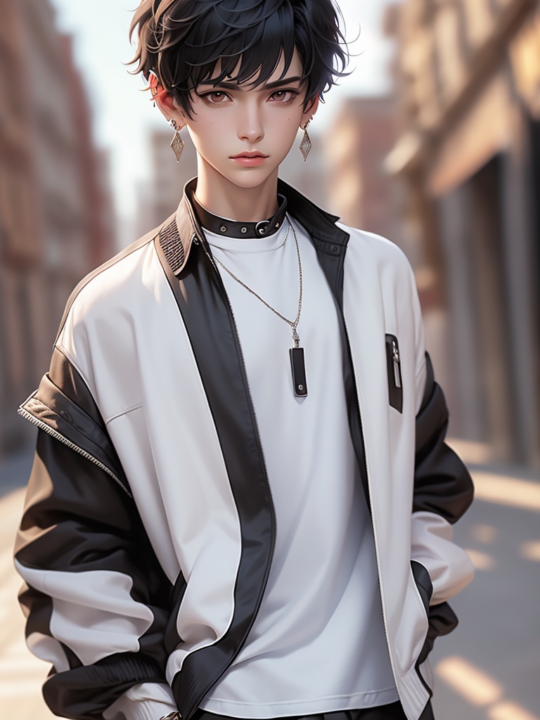 CG,solo,blurry background,shirt,short hair,looking at viewer,male focus,jacket,1boy,jewelry,blurry,white shirt,black hair,earrings,upper body,collared shirt,closed mouth,outdoors,hands in pockets,bangs,lips,black jacket,day,artist name,jacket on shoulders,realistic,ear piercing,