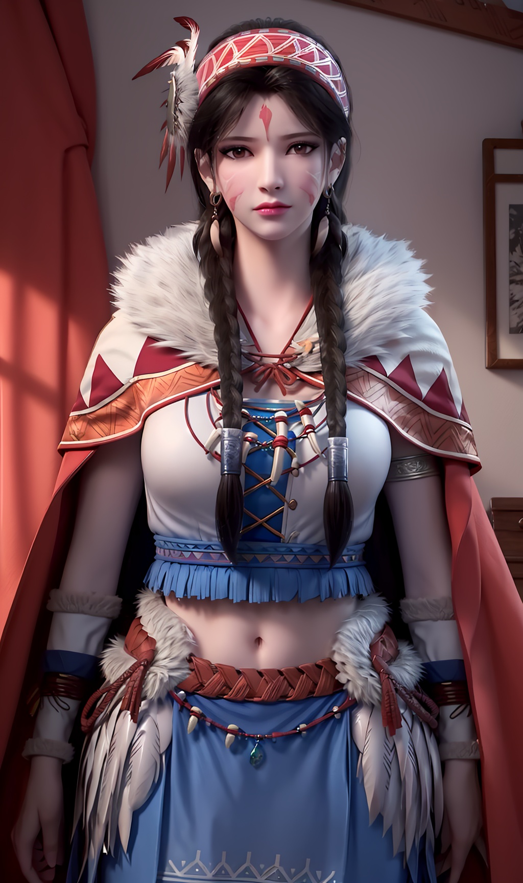 3D,masterpiece,(best quality),(makeup),official art, extremely detailed cg 8k wallpaper,((crystalstexture skin)), (extremely delicate and beautiful),(highly detailed),(face),(twin_braids),(headdress),(feather_hair_ornament),(headband),(facial_mark),(feather_trim),(1girl), (solo), (jewelry), (earrings),(black_hair),(long_hair),(hair_ornament),(handwear),(breasts),(standing),((upper_body)),(long_legs),(closed_mouth),(skirt),(chinese_clothes),(dress),,(multicolored_clothes),(multicolored_dress),(shiny_clothes),(city,indoor,bed),(wristband),(navel),(fur),(ribbon),(fur-trimmed_cape),(cloak),,((looking_at_viewer)),((Facing the camera)),, <lora:hipoly3DModelLora_v10:0.3>