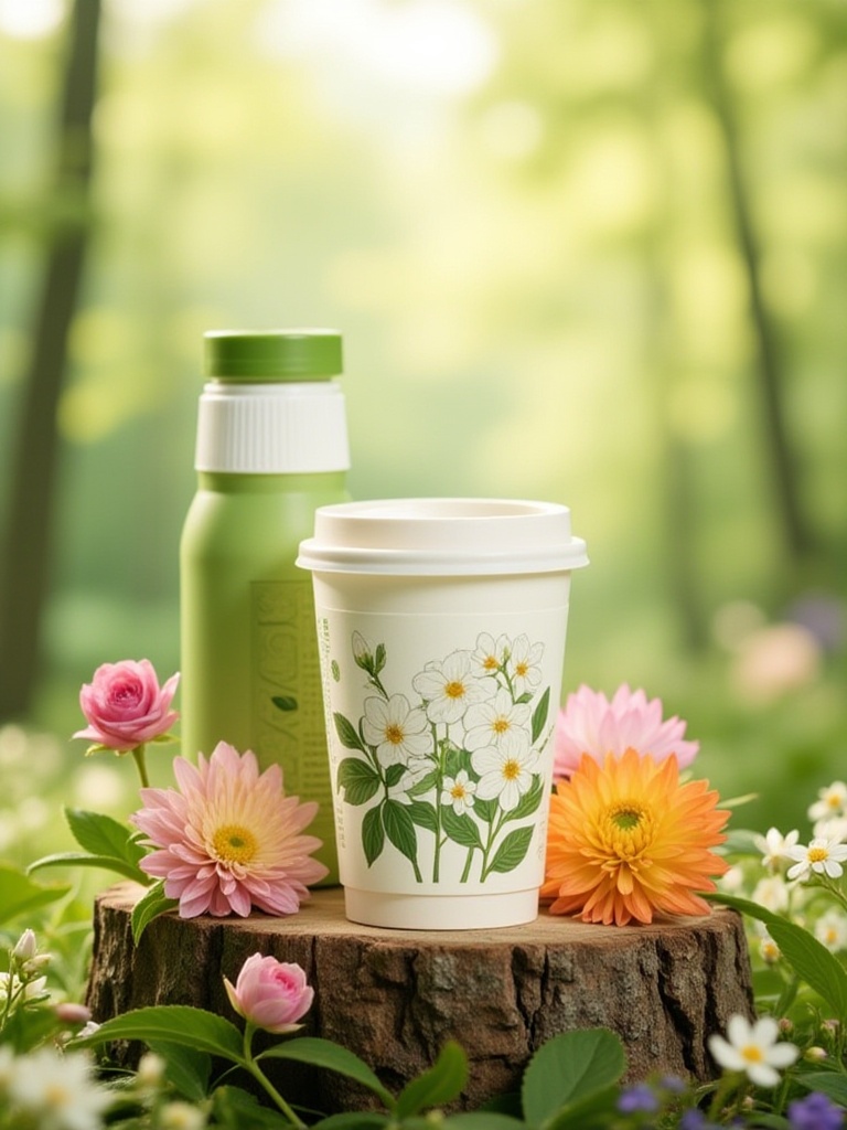 mztsas,Photo of a white coffee cup with a floral design on it, placed on a wooden stump, surrounded by colorful flowers. The cup has a label with a detailed illustration of white flowers and green leaves, and a green bottle with a white cap. The background is blurred, with soft, natural light filtering through the trees. The flowers are in various colors, including pink, yellow, orange, and purple. The image has a soft, dreamy, ethereal quality.<lora:S-T-美妆场景-S1.3:1>