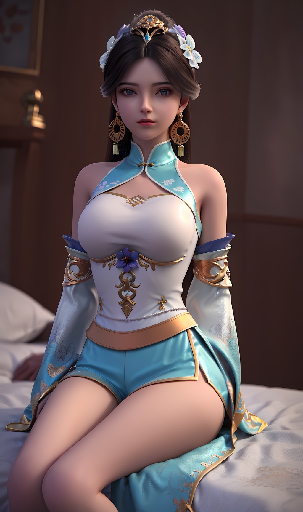 3D,masterpiece,(best quality),(makeup),official art, extremely detailed cg 8k wallpaper,((crystalstexture skin)), (extremely delicate and beautiful),(highly detailed),(face),(gold_trim),(collar),(hair_flower),tassel,,(wide_sleeves),(1girl), (solo), (jewelry), (earrings),(purple_hair),(long_hair),(hair_ornament),(handwear),(breasts),(sitting),((upper_body)),(long_legs),(off-shoulder_dress),(closed_mouth),(long_skirt),(chinese_clothes),(dress),,(multicolored_clothes),(multicolored_dress),(shiny_clothes),(city,indoor,bed),(shorts),,((looking_at_viewer)),((Facing the camera)),, <lora:hipoly3DModelLora_v10:0.3>