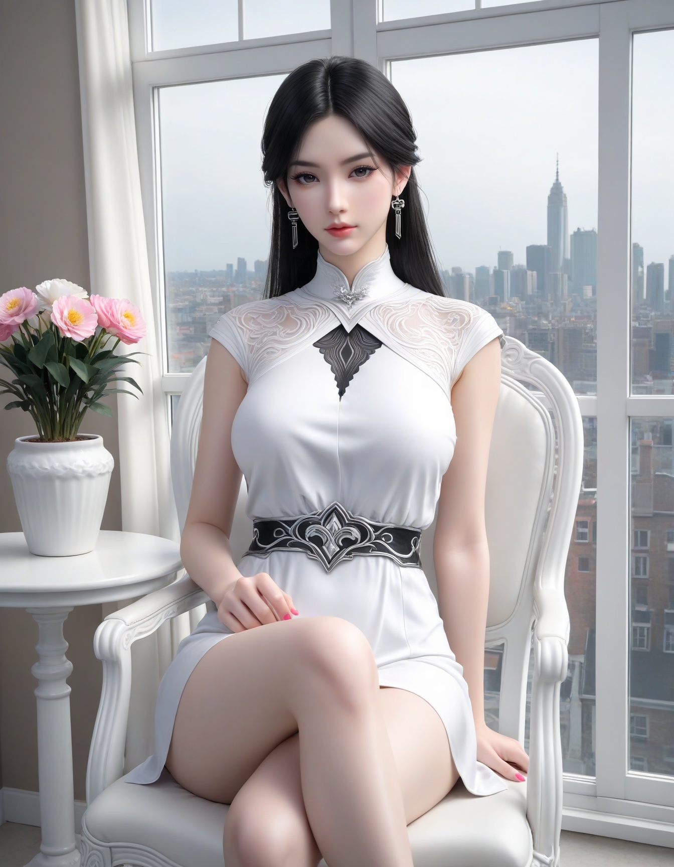 masterpiece,ultra-HD,photorealistic,high detail,best quality,8k,best quality,sharp focus,1girl,SFXuanYi,breasts,large breasts,looking at viewer,lipstick,white dress,black hair,makeup,eyelashes,pink nails,solo,full shot,cowboy shot,chair,sitting,window,indoors,cross legs,flower flower pot,city,<lora:SF_ZhaoQingHan_IL_Real_v50-000004:0.7>,