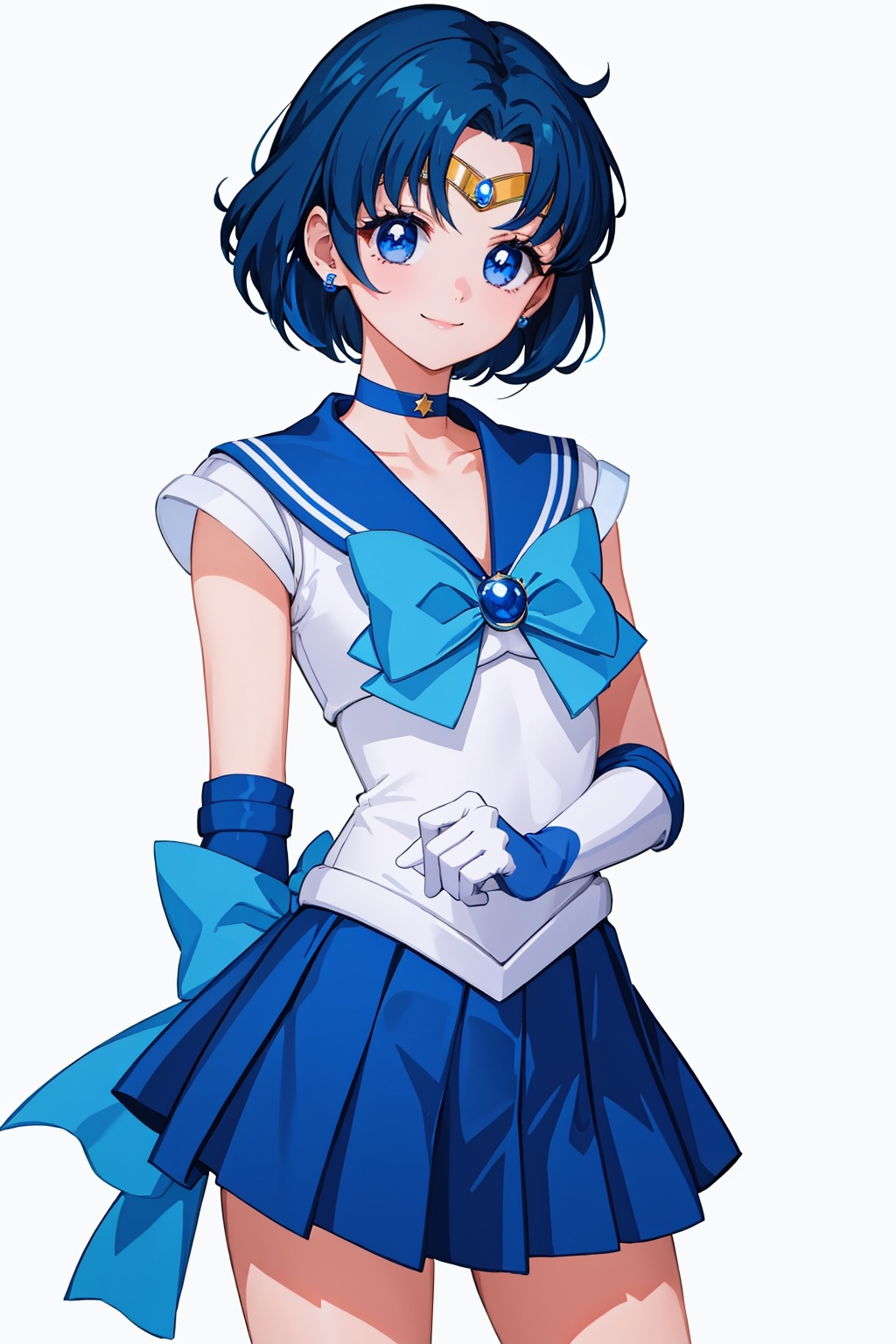 masterpiece,best quality, highly detailed, sailor mercury,1girl,solo,sailor senshi uniform,white gloves,blue skirt,blue sailor collar,elbow gloves,blue choker,smile,earrings,magical girl,pleated skirt,looking at viewer,tiara<lora:sailor_mercury:1>,simple background,white background